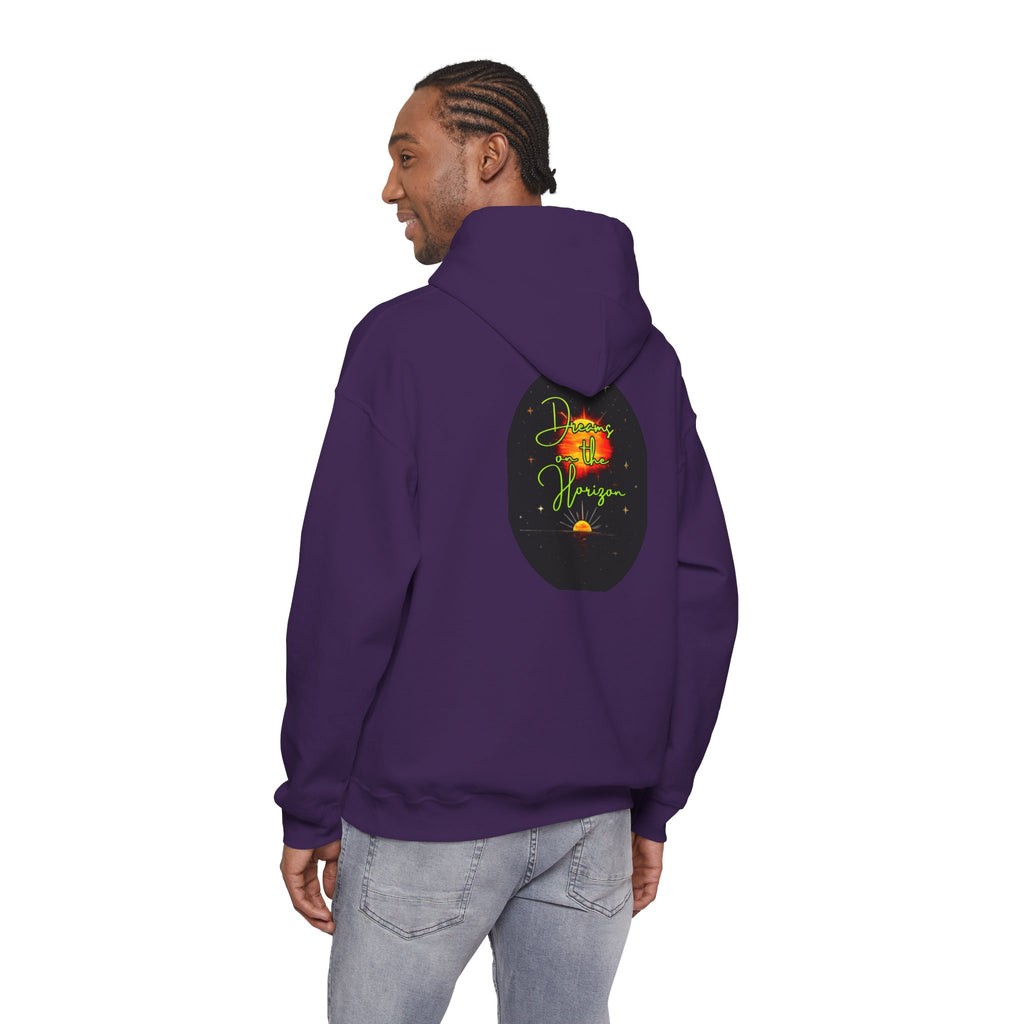 Dreams on the Horizon (Lemongrass) Sunrise Back Print Hooded Sweatshirt, Inspirational and Motivational Apparel, Gift for Dreamers, Creative Expression Wear
