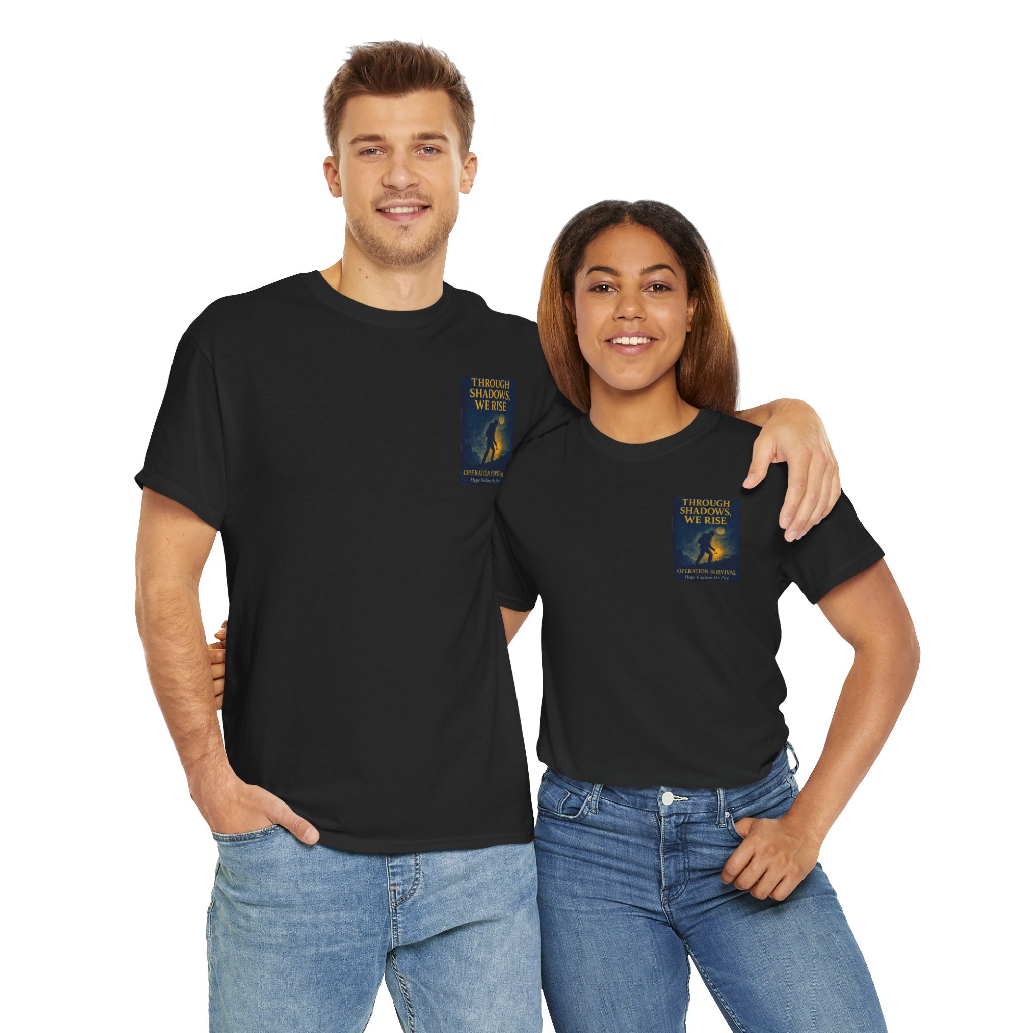 Through Shadows, We Rise - Back-print Cinematic Artwork Operation Survival Tee. Inspirational and Motivational Apparel, Gift for Dreamers, Creative Expression Wear