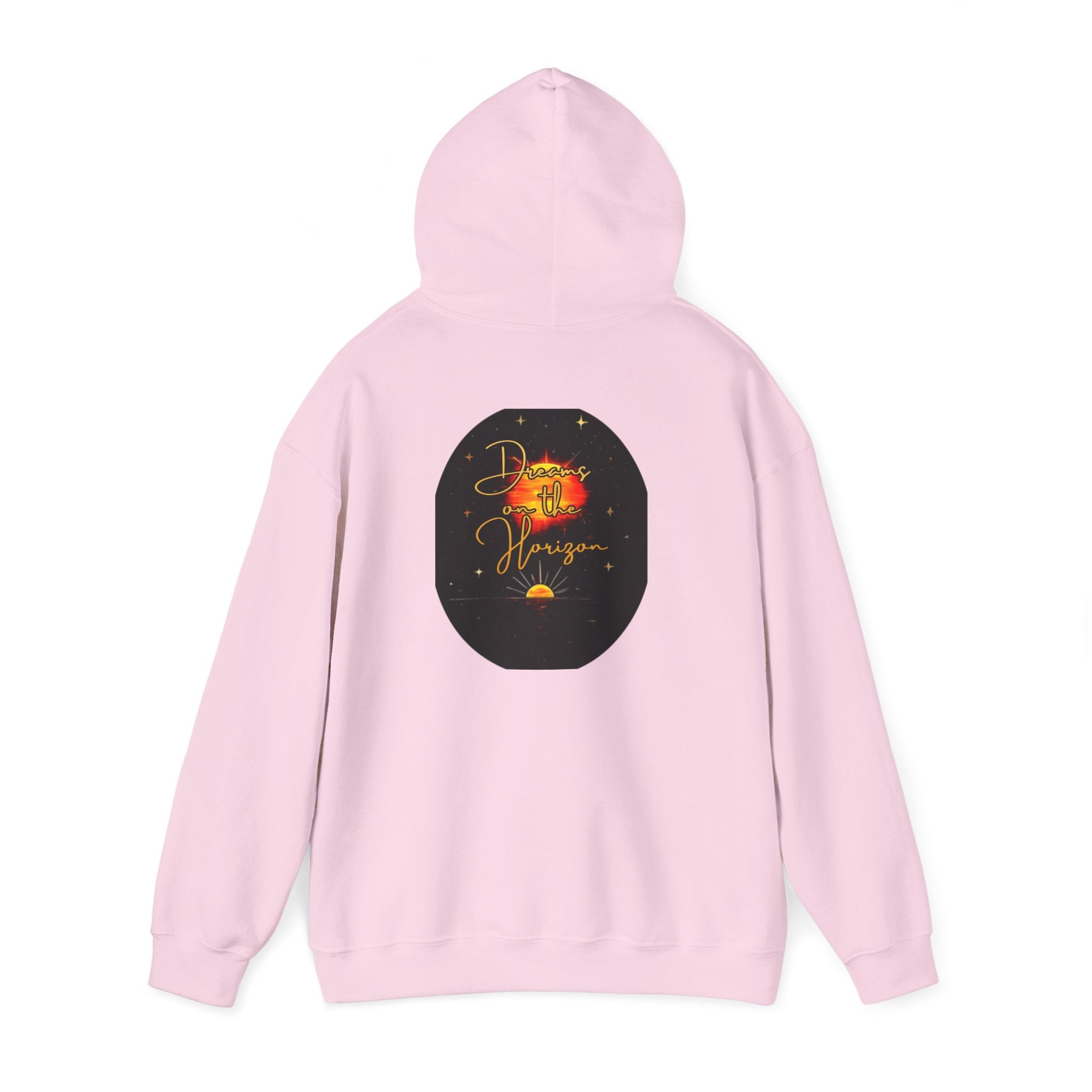 Dreams on the Horizon Sunrise Back Print Hooded Sweatshirt, Inspirational and Motivational Apparel, Gift for Dreamers, Creative Expression Wear