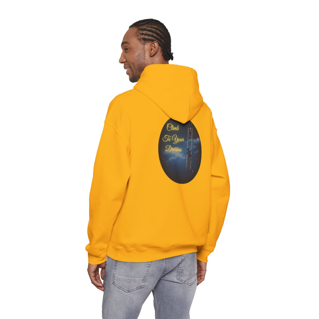 Climb To Your Dreams – Starry Night Ladder-to-Moon Back-Print Hoodie + Front Badge | Gildan 18500, Inspirational and Motivational Apparel, Gift for Dreamers, Creative Expression Wear