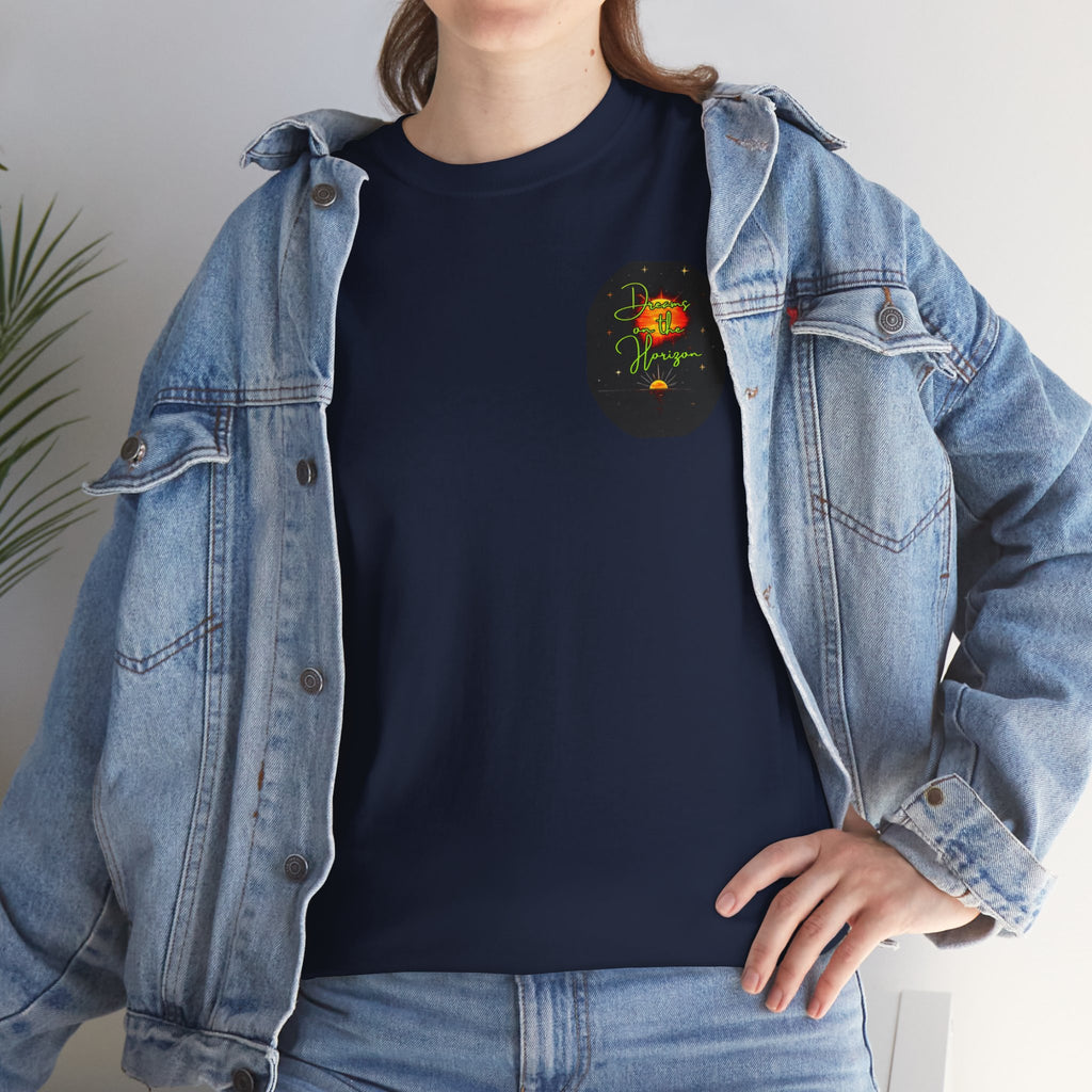 Dreams on the Horizon (Lemongrass) – Sunrise Back-Print Heavy Cotton Tee, Inspirational and Motivational Apparel, Gift for Dreamers, Creative Expression Wear