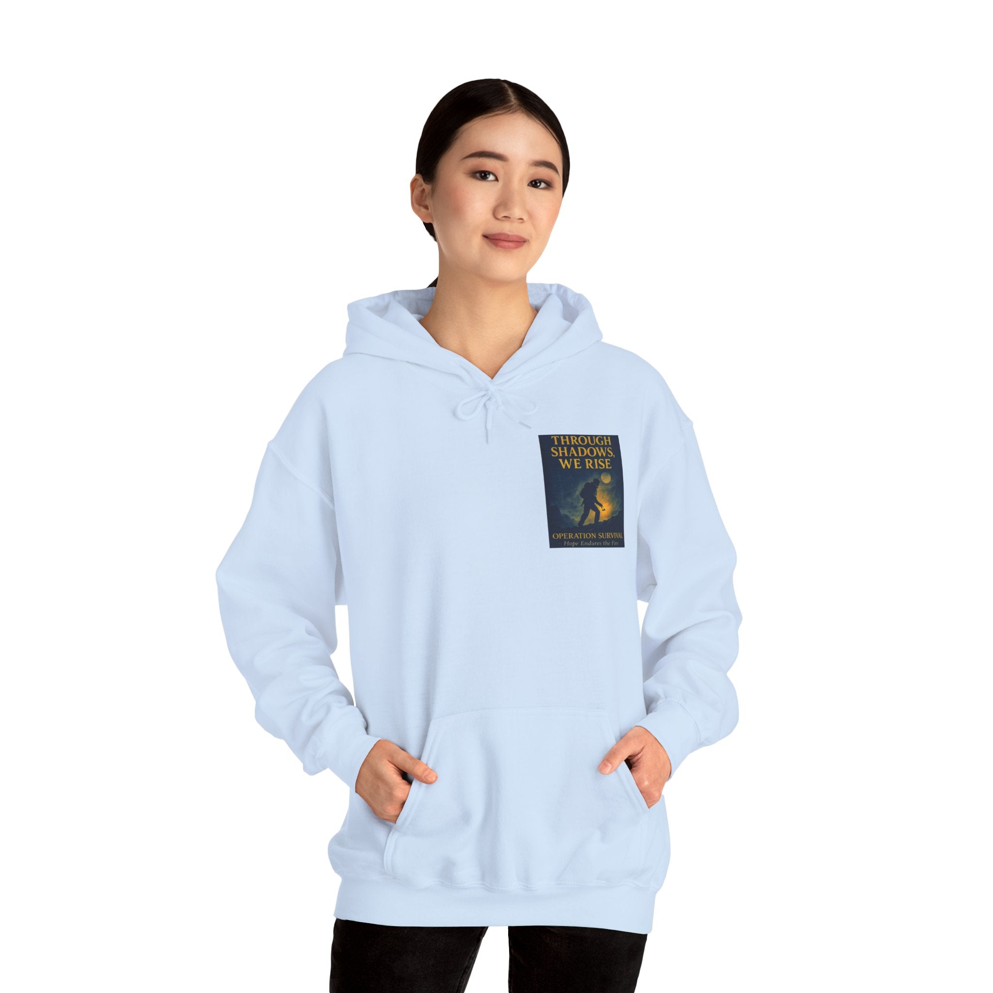 Through Shadows, We Rise – Back-print Cinematic Artwork Operation Survival Hoodie  | Gildan Heavy Blend™ 18500 — Inspirational and Motivational Apparel, Gift for Dreamers, Creative Expression Wear