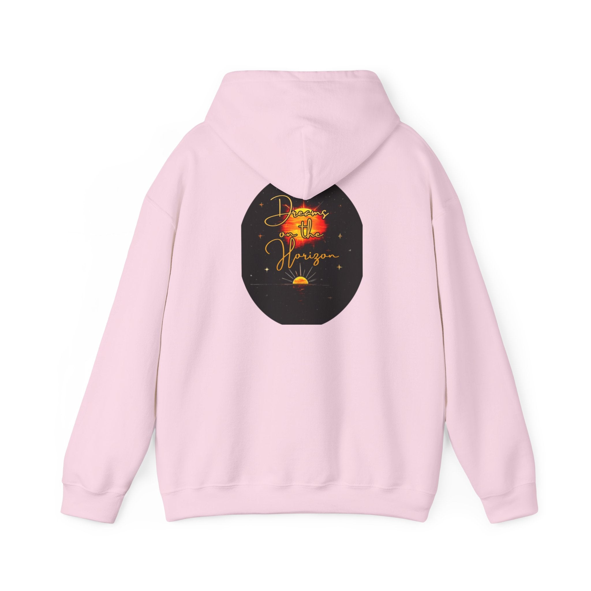 Dreams on the Horizon Sunrise Back Print Hooded Sweatshirt, Inspirational and Motivational Apparel, Gift for Dreamers, Creative Expression Wear