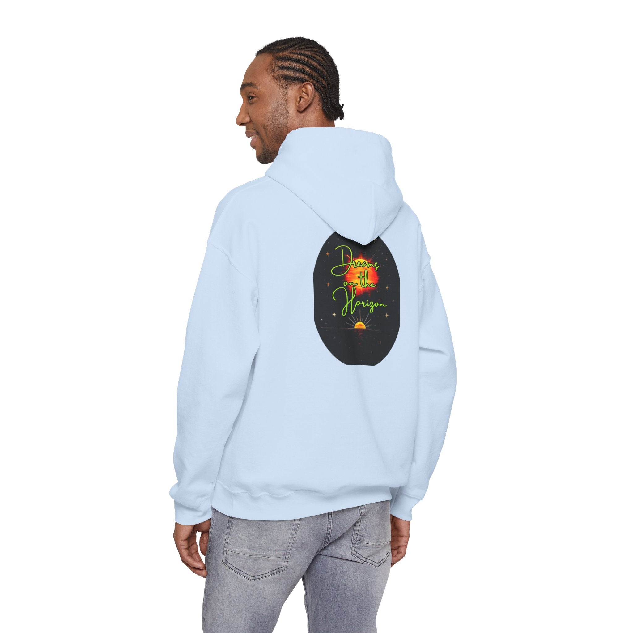 Dreams on the Horizon (Lemongrass) Sunrise Back Print Hooded Sweatshirt, Inspirational and Motivational Apparel, Gift for Dreamers, Creative Expression Wear