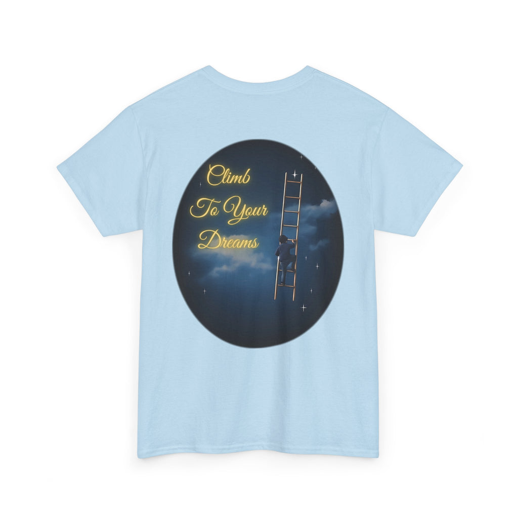 Climb To Your Dreams – Starry Night Ladder Back-Print Tee + Front Badge | Gildan 5000, Inspirational and Motivational Apparel, Gift for Dreamers, Creative Expression Wear