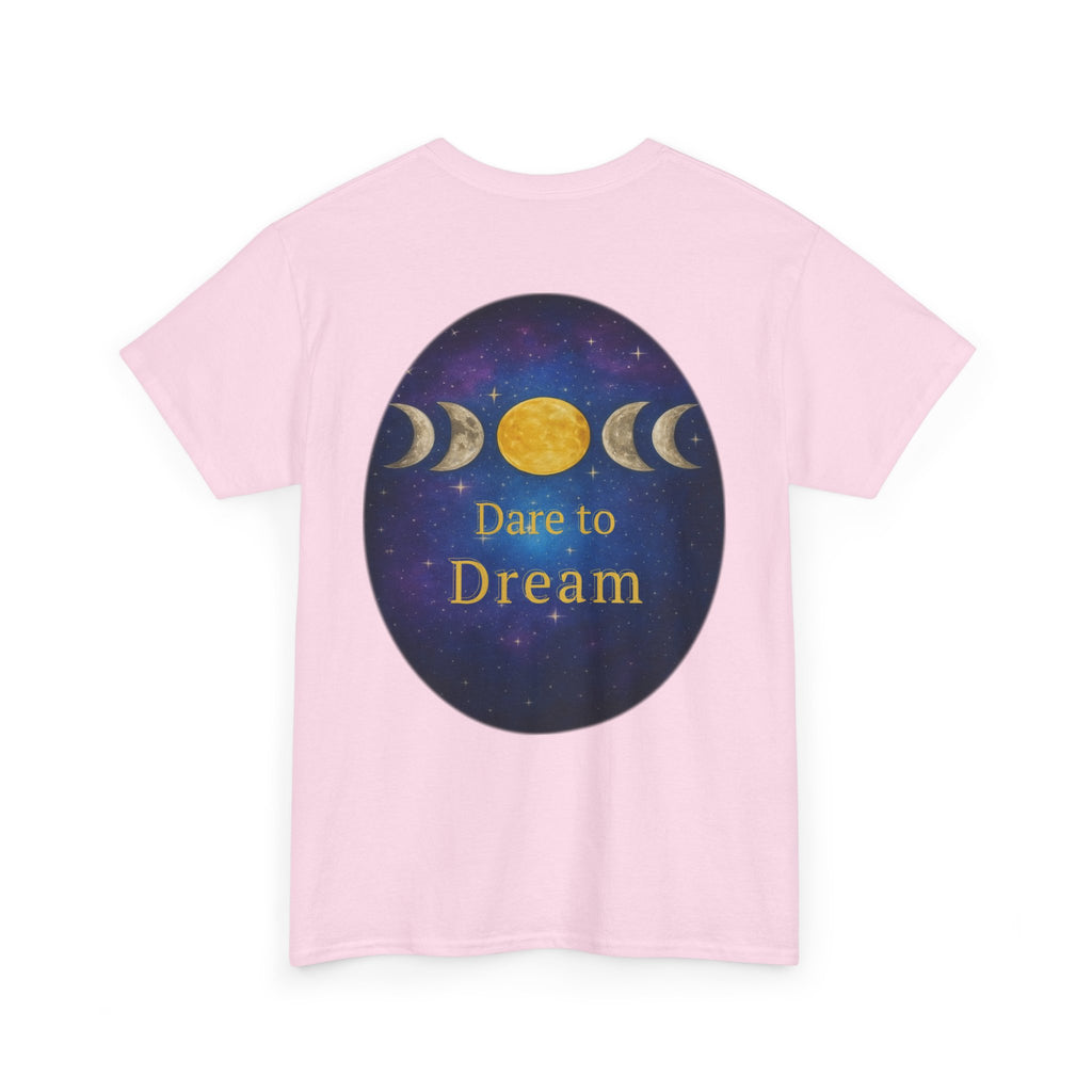 Dare to Dream Moon-Phase Tee – Golden Full Moon Back Print + Front Badge | Gildan 5000 Heavy Cotton, Inspirational and Motivational Apparel, Gift for Dreamers, Creative Expression Wear