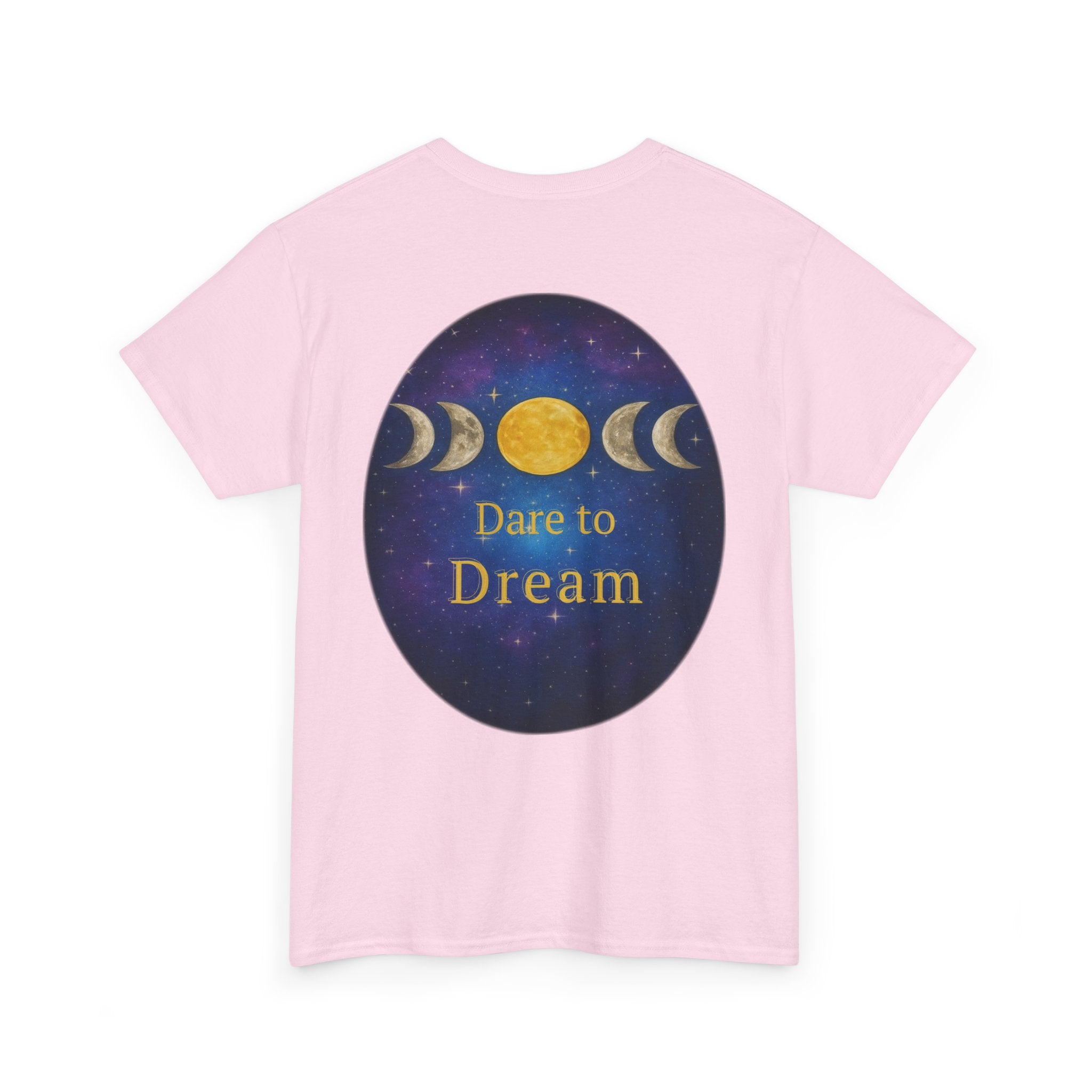 Dare to Dream Moon-Phase Tee – Golden Full Moon Back Print + Front Badge | Gildan 5000 Heavy Cotton, Inspirational and Motivational Apparel, Gift for Dreamers, Creative Expression Wear
