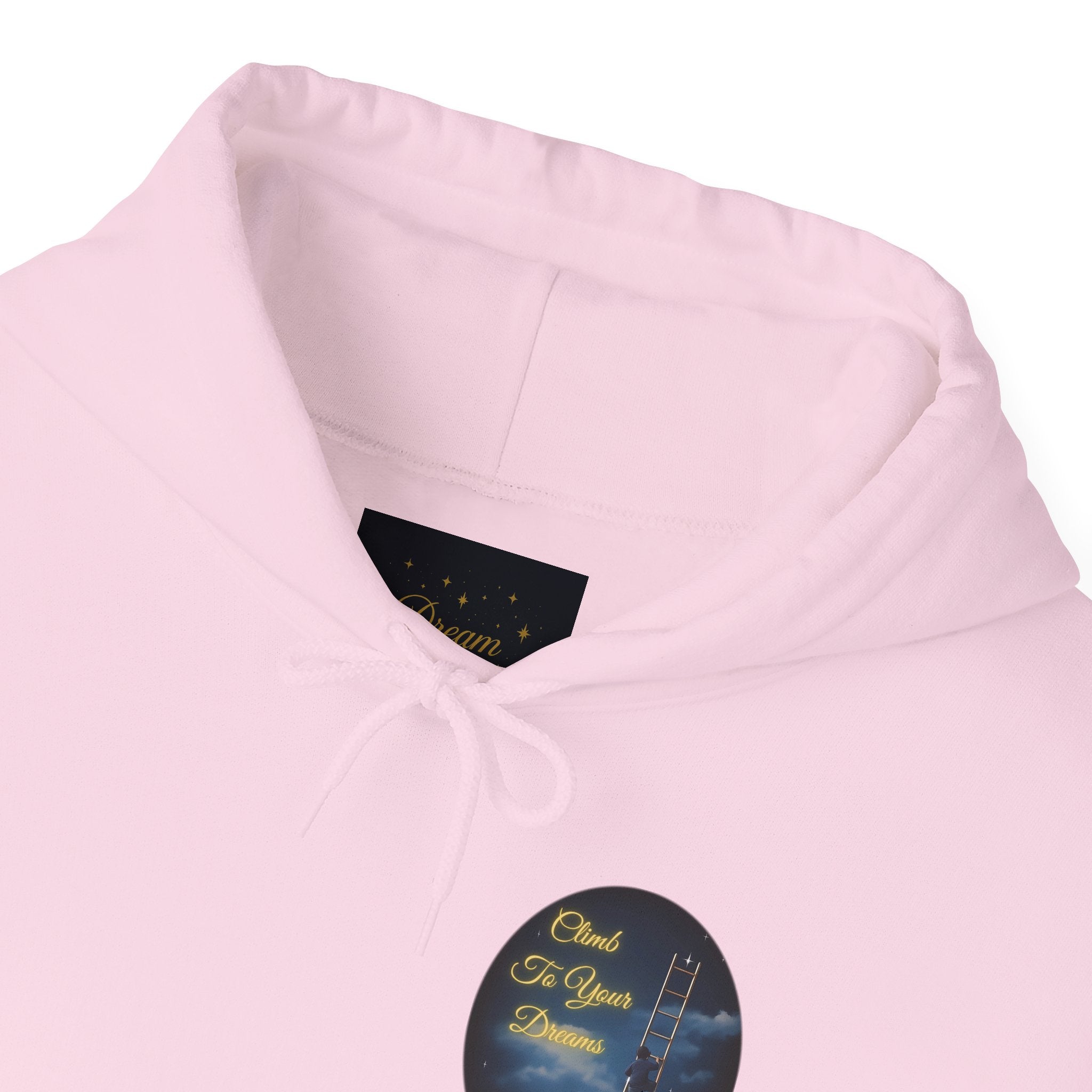 Climb To Your Dreams – Starry Night Ladder-to-Moon Back-Print Hoodie + Front Badge | Gildan 18500, Inspirational and Motivational Apparel, Gift for Dreamers, Creative Expression Wear