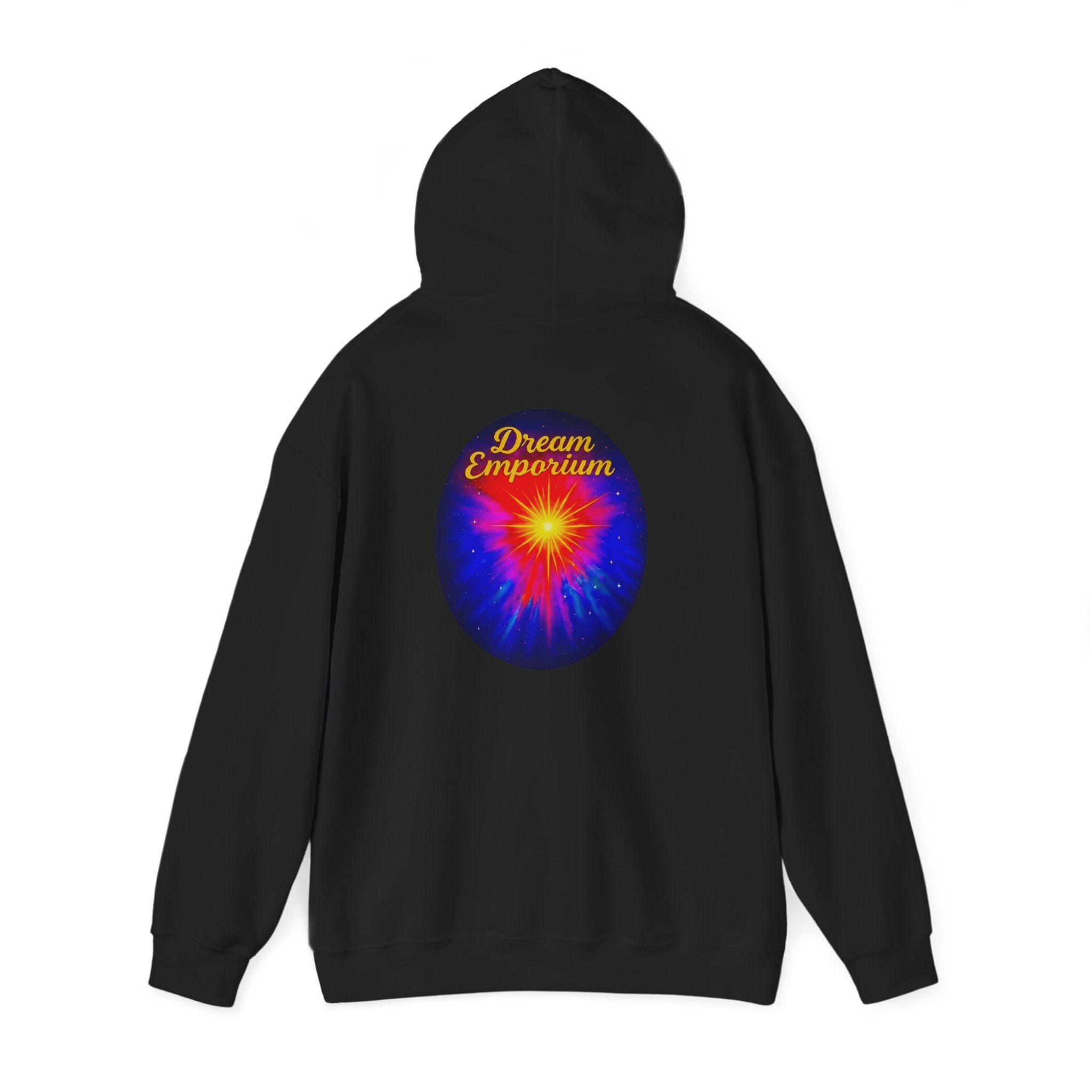 Dream Emporium – Back Printed Radiant Starburst Heavy Blend™ Hooded Sweatshirt, Inspirational and Motivational Apparel, Gift for Dreamers, Creative Expression Wear