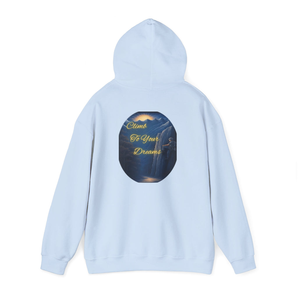 Climb To Your Dreams - Mountain Sunrise Hoodie | Back Glow Print + Front Badge | Heavy Blend™, Inspirational and Motivational Apparel, Gift for Dreamers, Creative Expression Wear