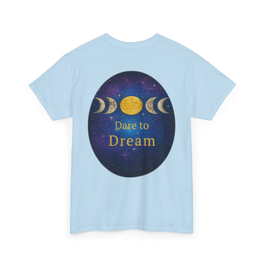 Dare to Dream Moon-Phase Tee – Golden Full Moon Back Print + Front Badge | Gildan 5000 Heavy Cotton, Inspirational and Motivational Apparel, Gift for Dreamers, Creative Expression Wear