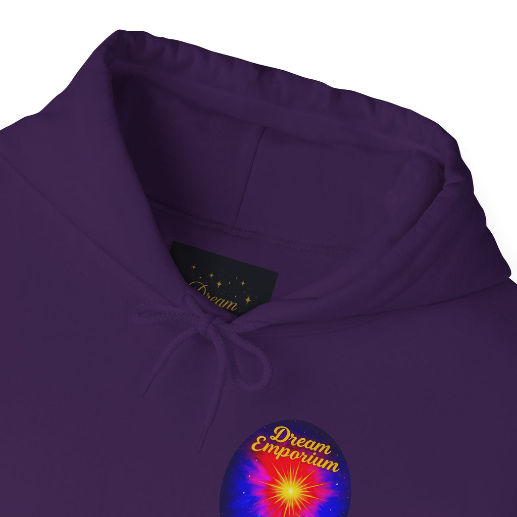 Dream Emporium – Back Printed Radiant Starburst Heavy Blend™ Hooded Sweatshirt, Inspirational and Motivational Apparel, Gift for Dreamers, Creative Expression Wear