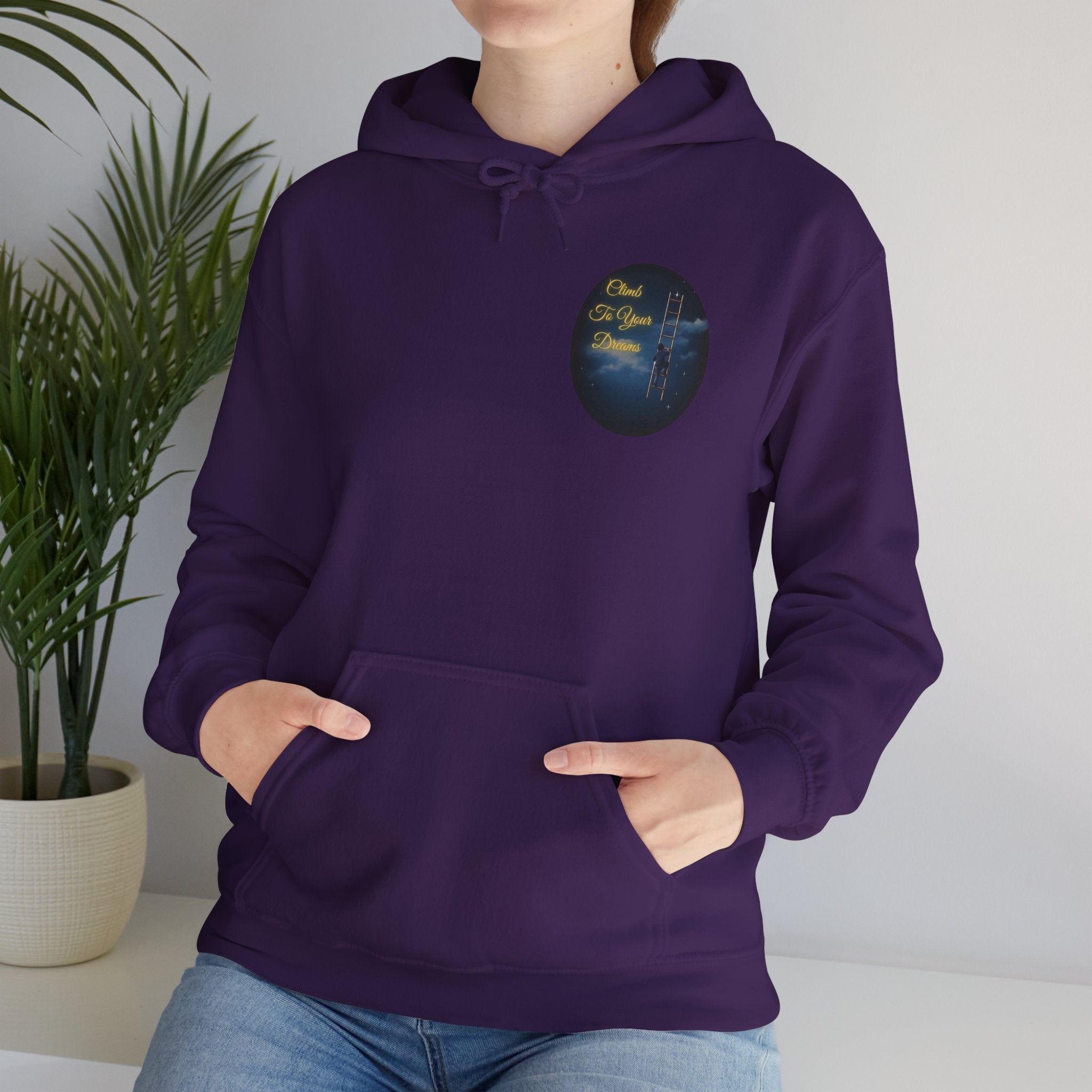 Climb To Your Dreams – Starry Night Ladder-to-Moon Back-Print Hoodie + Front Badge | Gildan 18500, Inspirational and Motivational Apparel, Gift for Dreamers, Creative Expression Wear