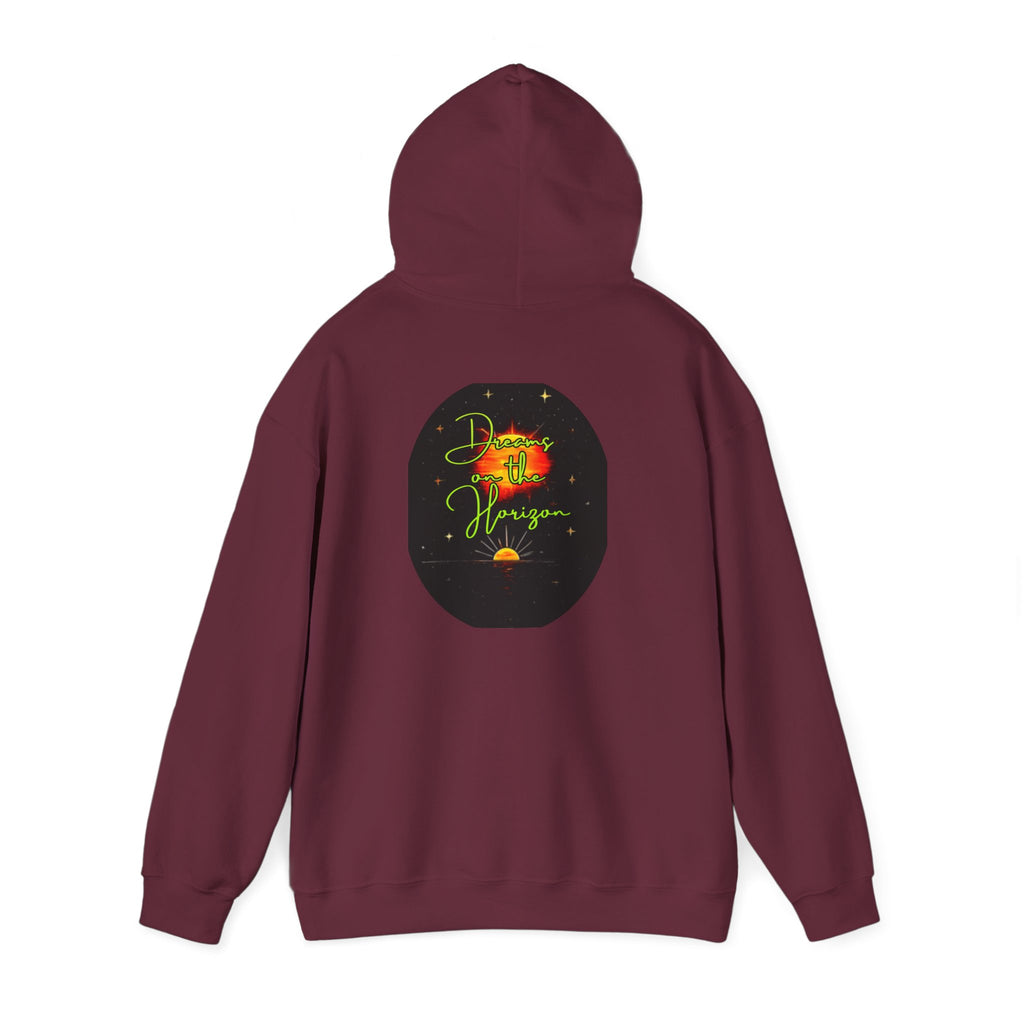 Dreams on the Horizon (Lemongrass) Sunrise Back Print Hooded Sweatshirt, Inspirational and Motivational Apparel, Gift for Dreamers, Creative Expression Wear