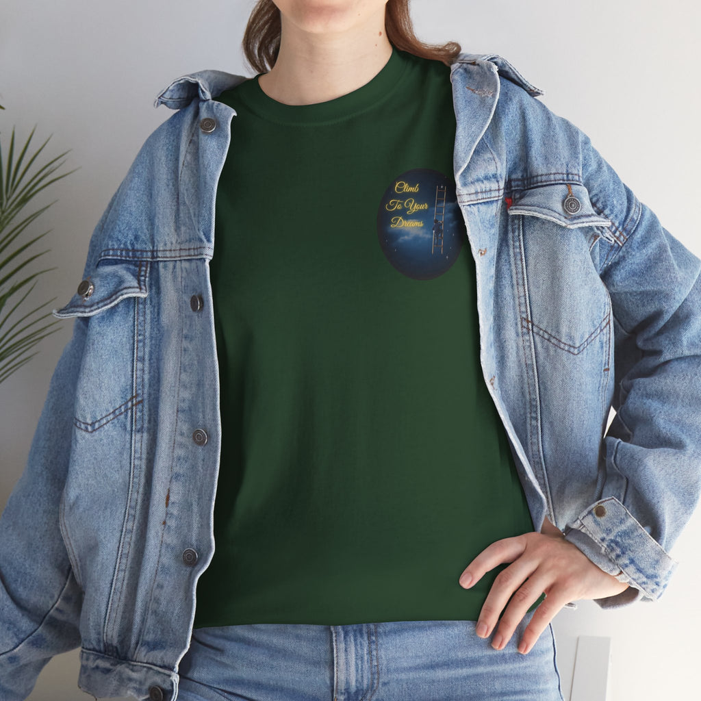 Climb To Your Dreams – Starry Night Ladder Back-Print Tee + Front Badge | Gildan 5000, Inspirational and Motivational Apparel, Gift for Dreamers, Creative Expression Wear