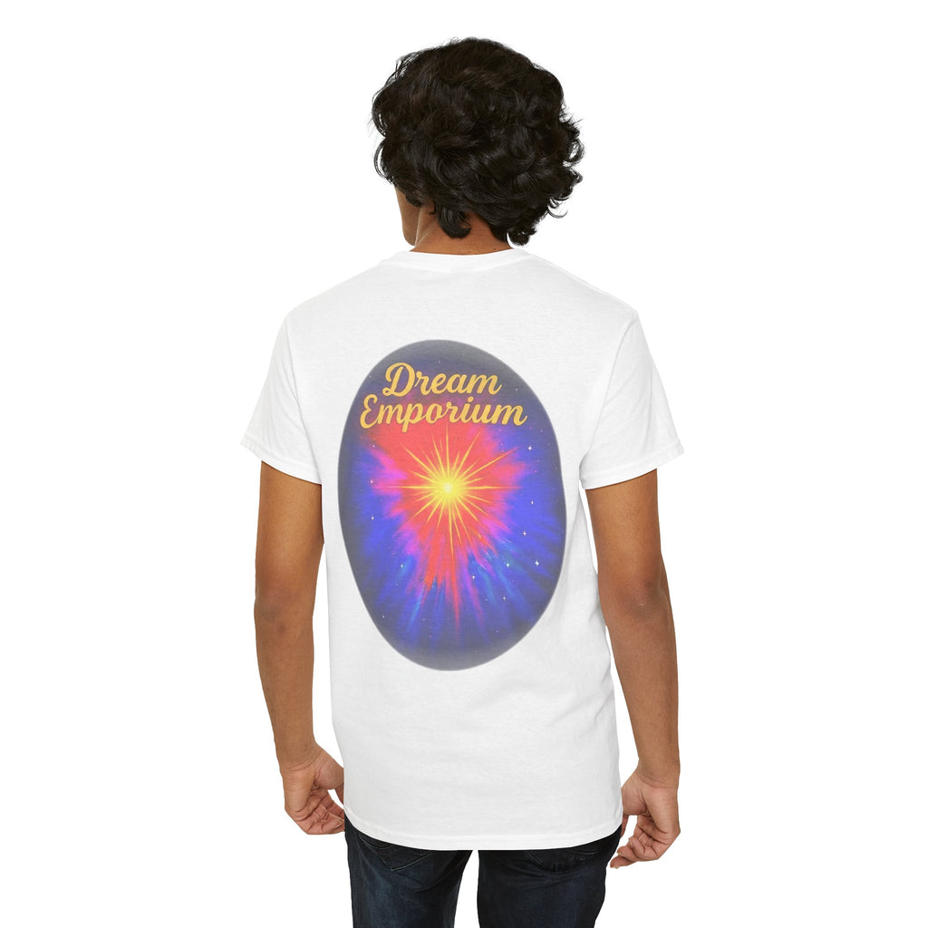 Dream Emporium – Back Printed Radiant Starburst Heavy Blend™ Cotton Tee,Inspirational and Motivational Apparel, Gift for Dreamers, Creative Expression Wear