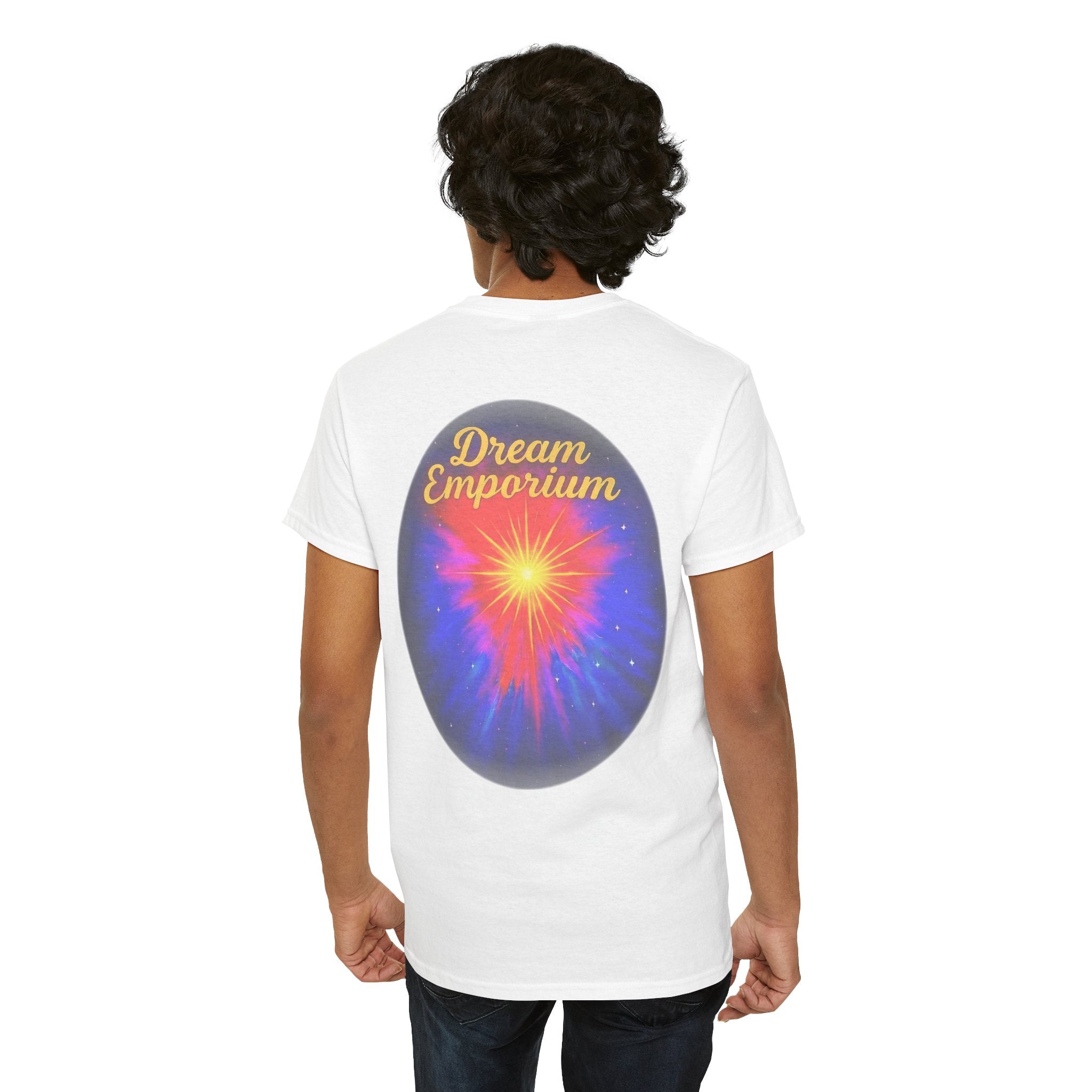 Dream Emporium – Back Printed Radiant Starburst Heavy Blend™ Cotton Tee,Inspirational and Motivational Apparel, Gift for Dreamers, Creative Expression Wear