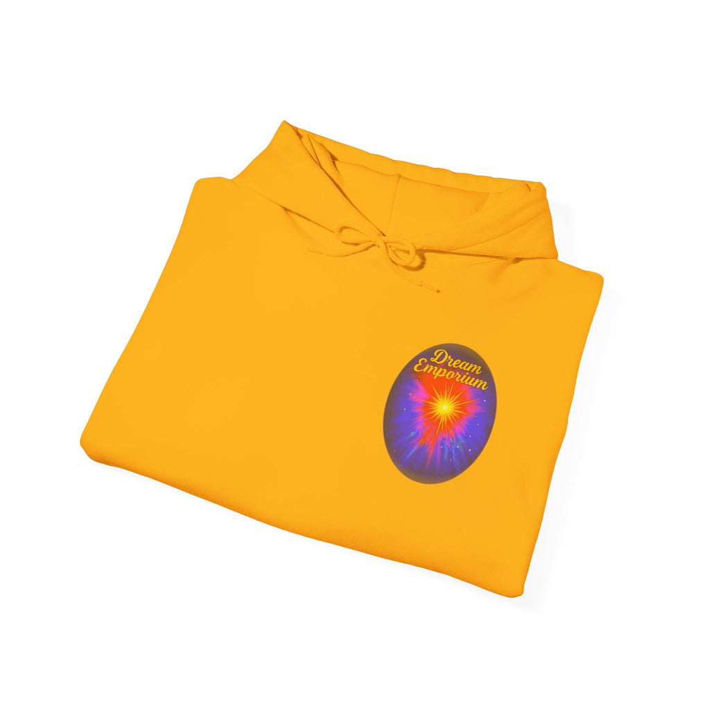 Dream Emporium – Back Printed Radiant Starburst Heavy Blend™ Hooded Sweatshirt, Inspirational and Motivational Apparel, Gift for Dreamers, Creative Expression Wear