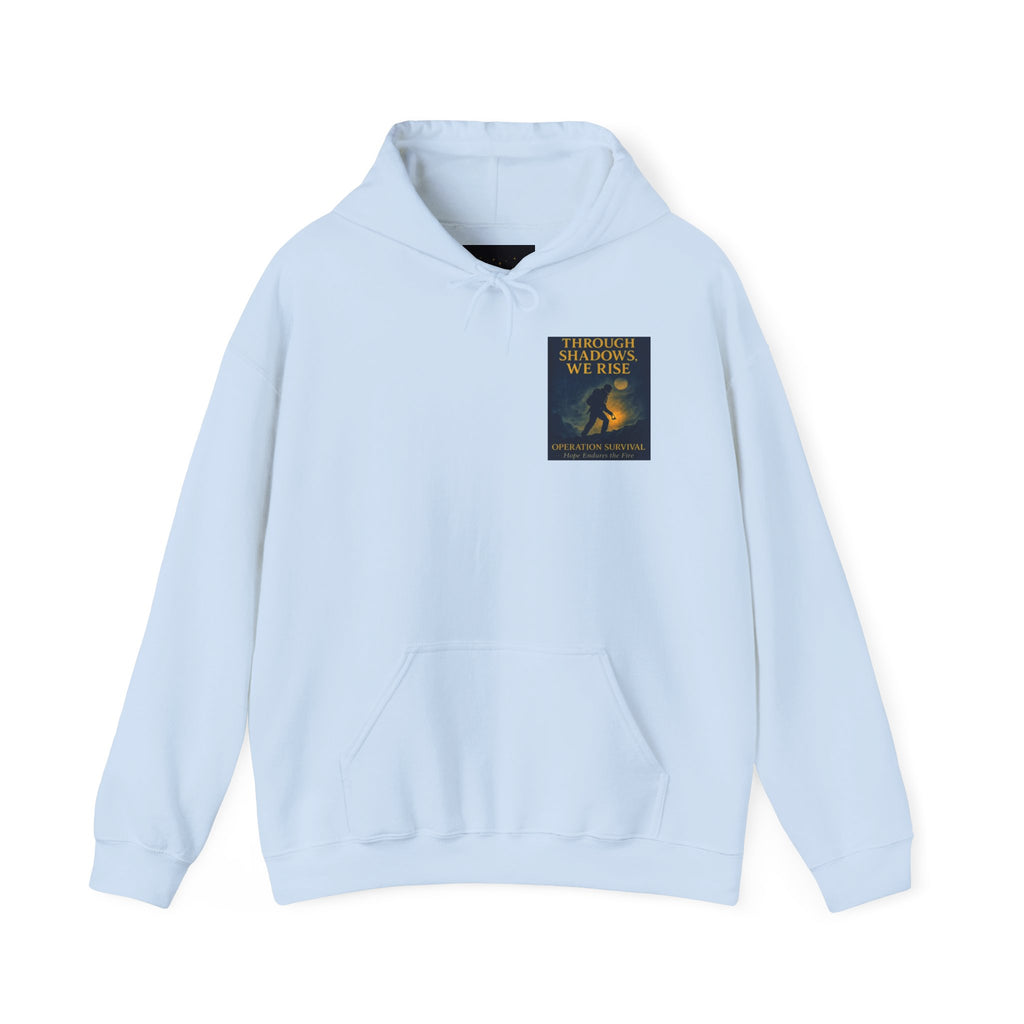 Through Shadows, We Rise – Back-print Cinematic Artwork Operation Survival Hoodie  | Gildan Heavy Blend™ 18500 — Inspirational and Motivational Apparel, Gift for Dreamers, Creative Expression Wear