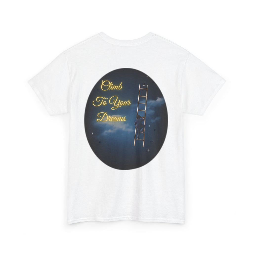 Climb To Your Dreams – Starry Night Ladder Back-Print Tee + Front Badge | Gildan 5000, Inspirational and Motivational Apparel, Gift for Dreamers, Creative Expression Wear