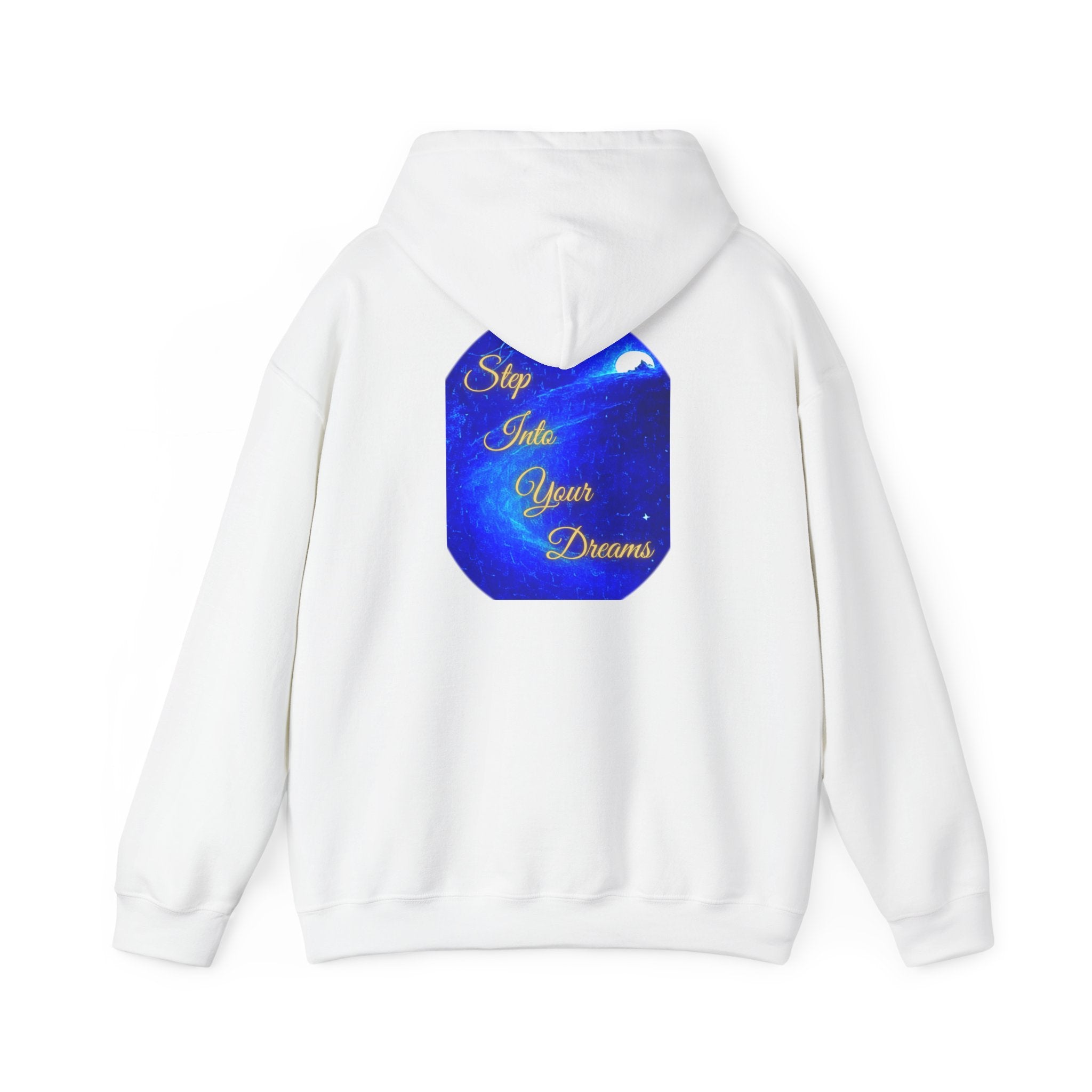 Step Into Your Dreams – Cosmic Gateway Back-print Hoodie | Tiny front badge | Gildan Heavy Blend™. Inspirational and Motivational Apparel, Gift for Dreamers, Creative Expression
