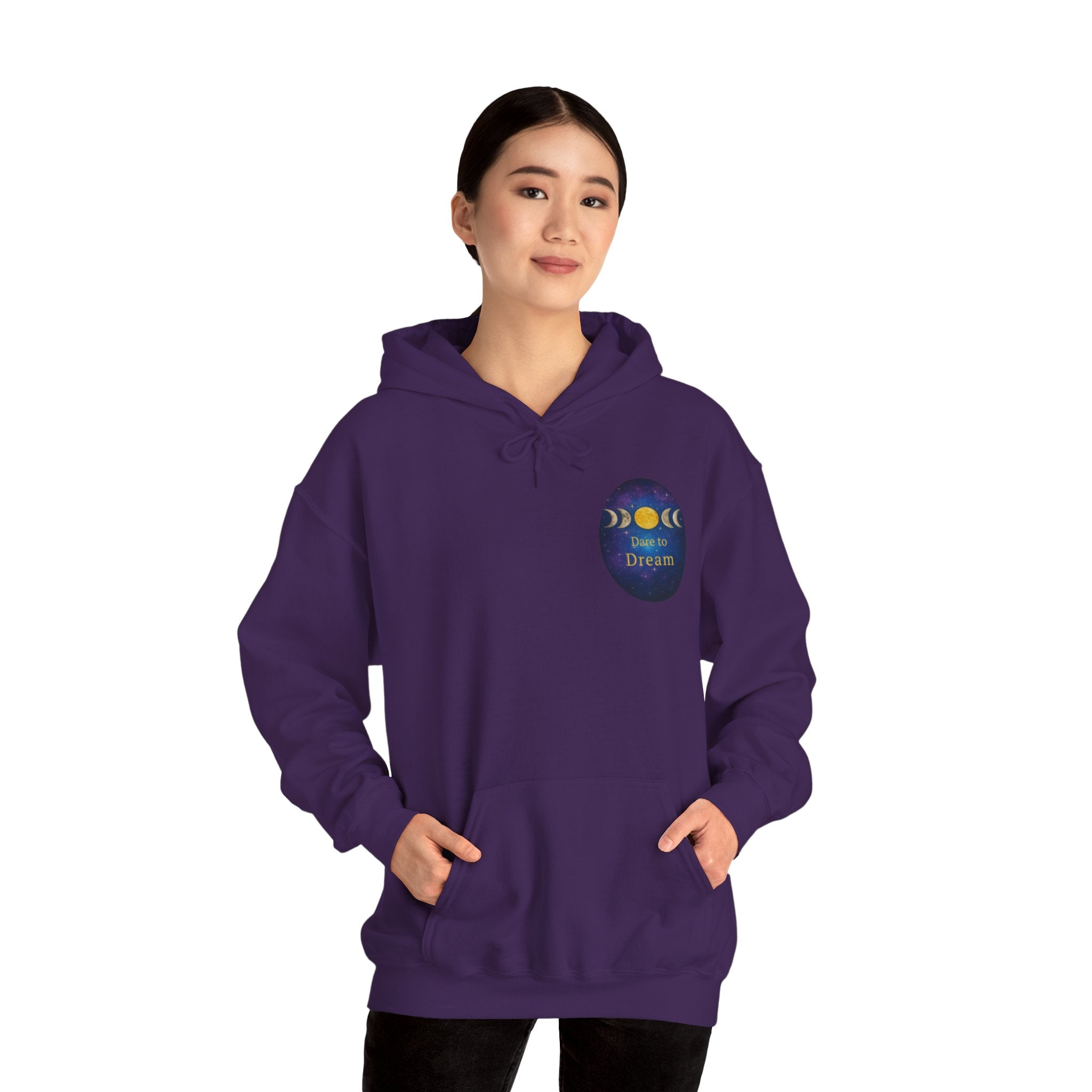 Dare to Dream Moon-Phase Hoodie | Back Glow Print + Front Badge | Heavy Blend™, Inspirational and Motivational Apparel, Gift for Dreamers, Creative Expression Wear
