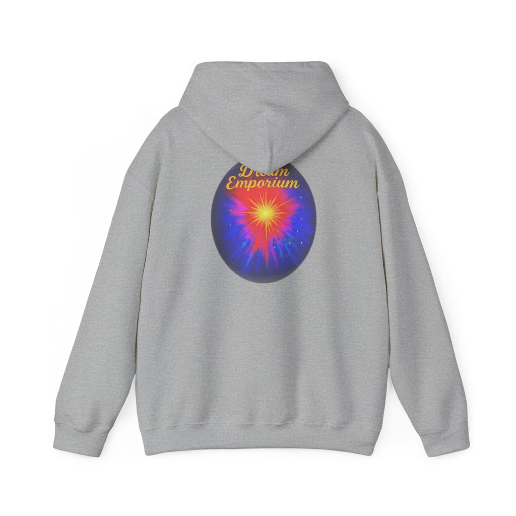 Dream Emporium – Back Printed Radiant Starburst Heavy Blend™ Hooded Sweatshirt, Inspirational and Motivational Apparel, Gift for Dreamers, Creative Expression Wear