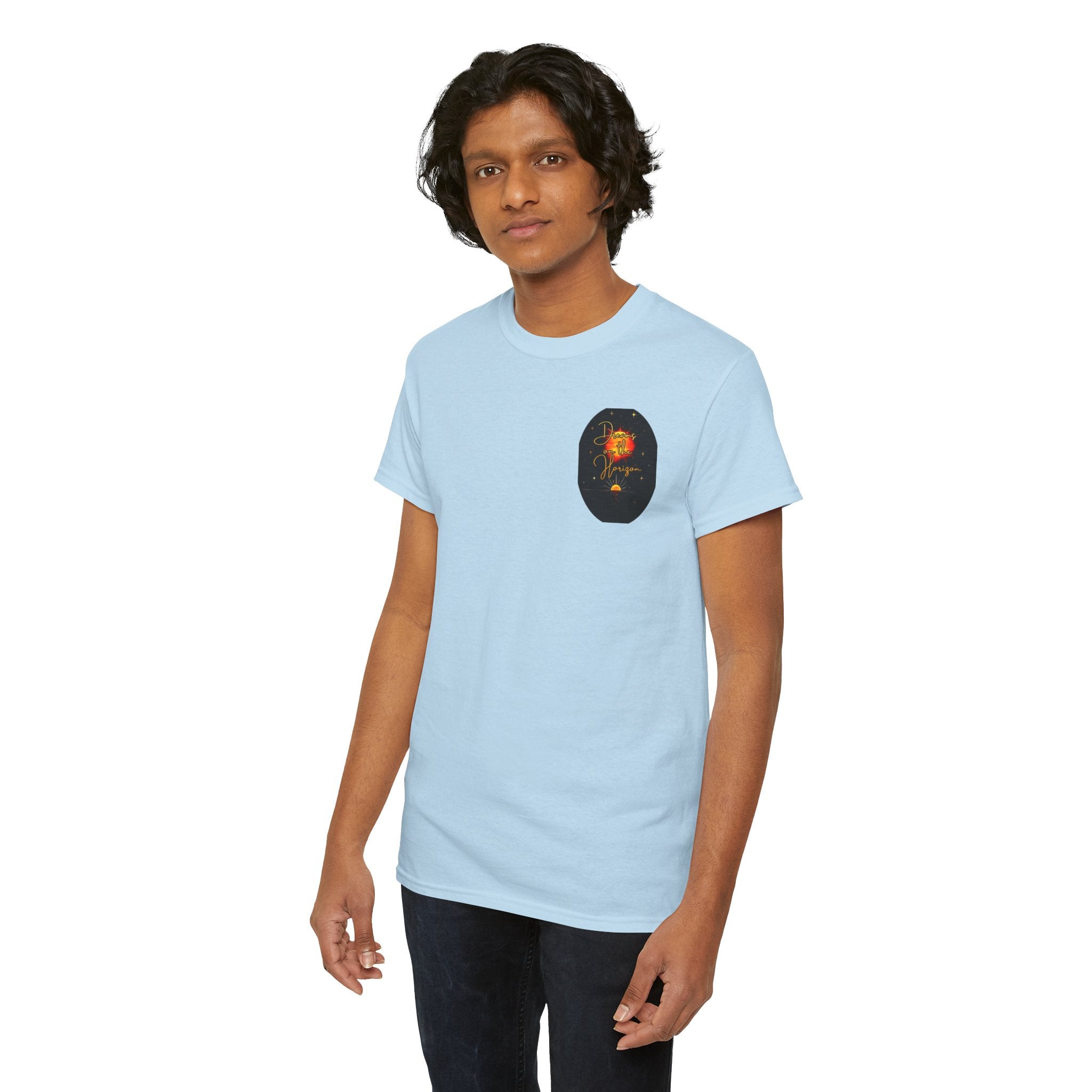 Dreams on the Horizon – Sunrise Back-Print Heavy Cotton Tee, Inspirational and Motivational Apparel, Gift for Dreamers, Creative Expression Wear