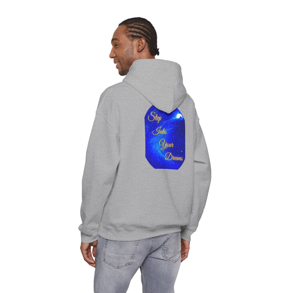 Step Into Your Dreams – Cosmic Gateway Back-print Hoodie | Tiny front badge | Gildan Heavy Blend™. Inspirational and Motivational Apparel, Gift for Dreamers, Creative Expression