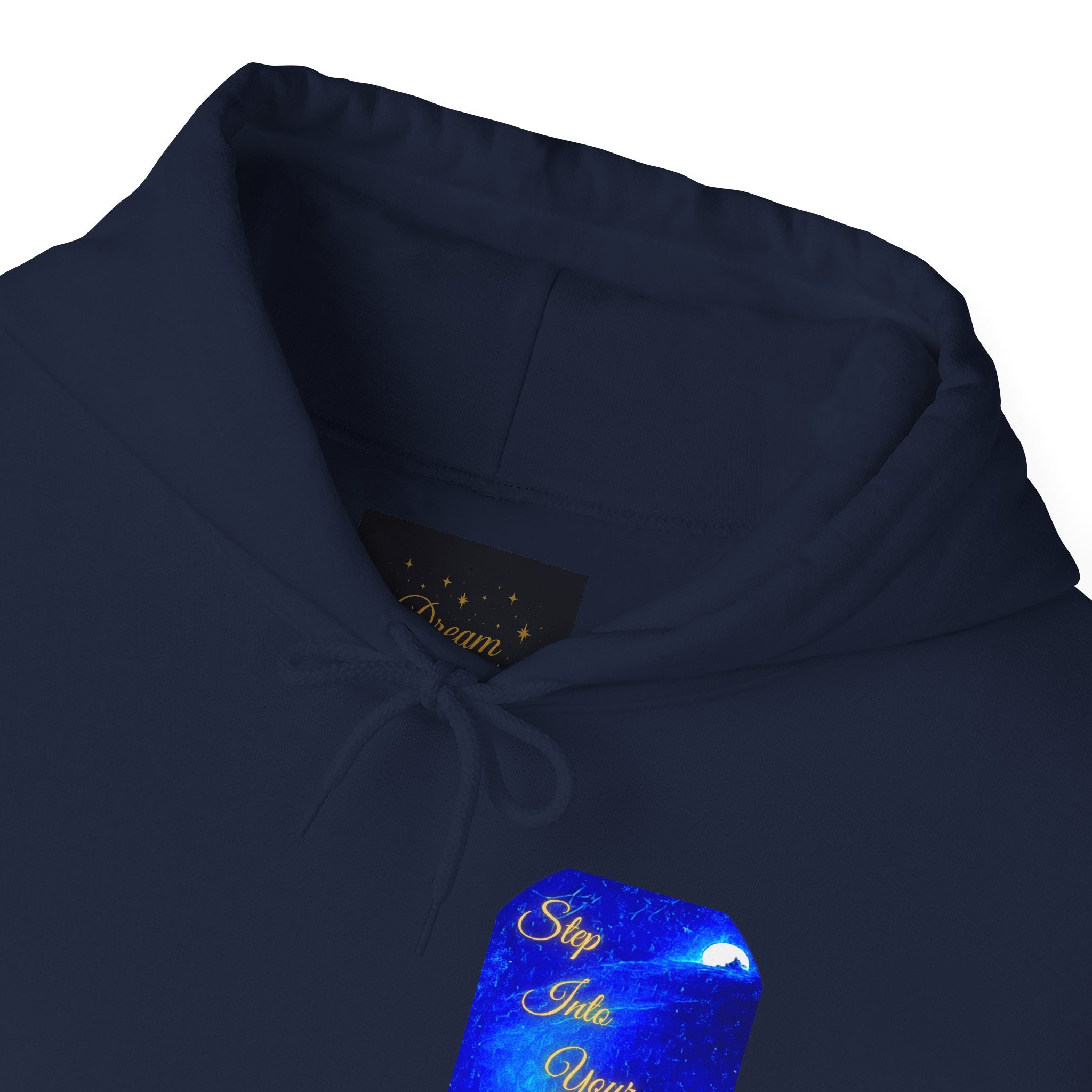 Step Into Your Dreams – Cosmic Gateway Back-print Hoodie | Tiny front badge | Gildan Heavy Blend™. Inspirational and Motivational Apparel, Gift for Dreamers, Creative Expression