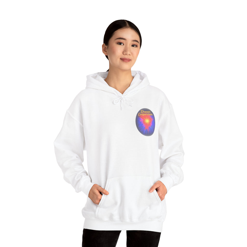 Dream Emporium – Back Printed Radiant Starburst Heavy Blend™ Hooded Sweatshirt, Inspirational and Motivational Apparel, Gift for Dreamers, Creative Expression Wear