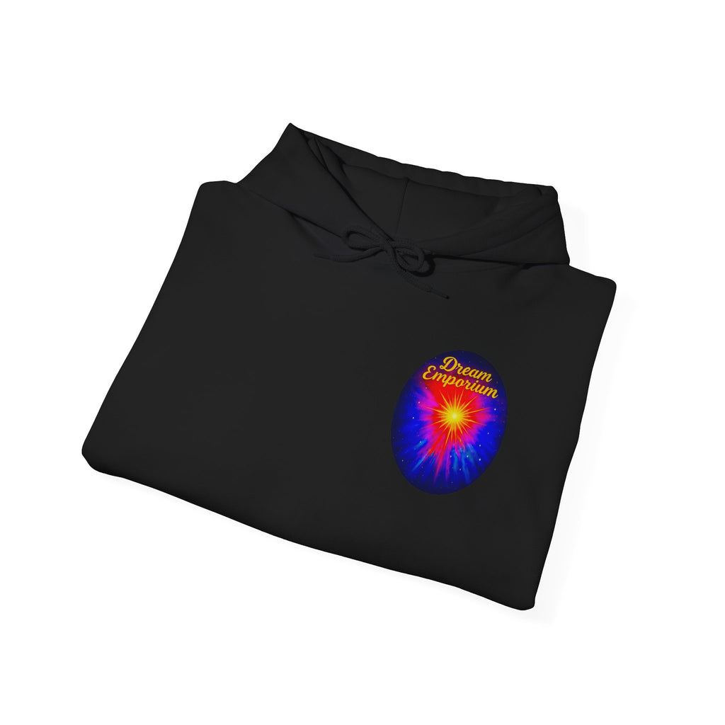 Dream Emporium – Back Printed Radiant Starburst Heavy Blend™ Hooded Sweatshirt, Inspirational and Motivational Apparel, Gift for Dreamers, Creative Expression Wear