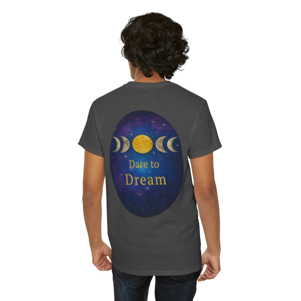 Dare to Dream Moon-Phase Tee – Golden Full Moon Back Print + Front Badge | Gildan 5000 Heavy Cotton, Inspirational and Motivational Apparel, Gift for Dreamers, Creative Expression Wear
