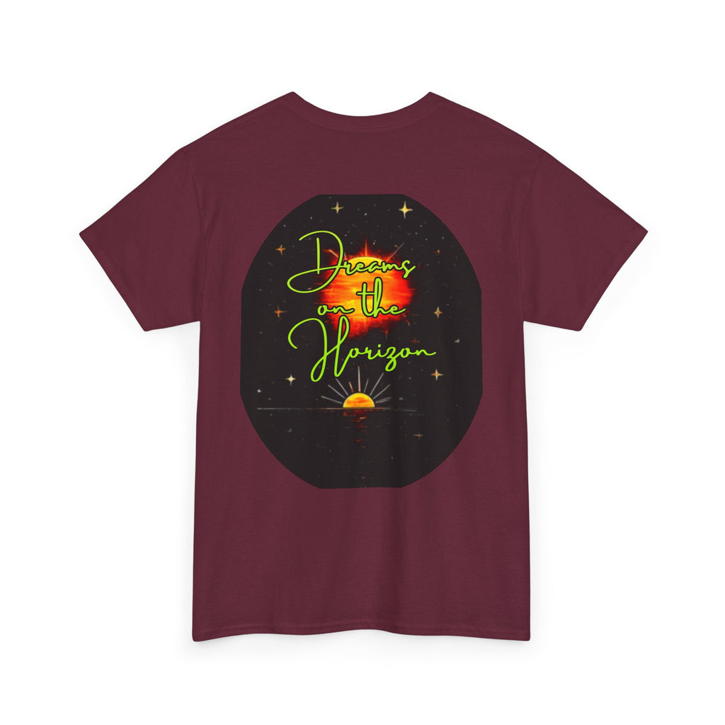 Dreams on the Horizon (Lemongrass) – Sunrise Back-Print Heavy Cotton Tee, Inspirational and Motivational Apparel, Gift for Dreamers, Creative Expression Wear