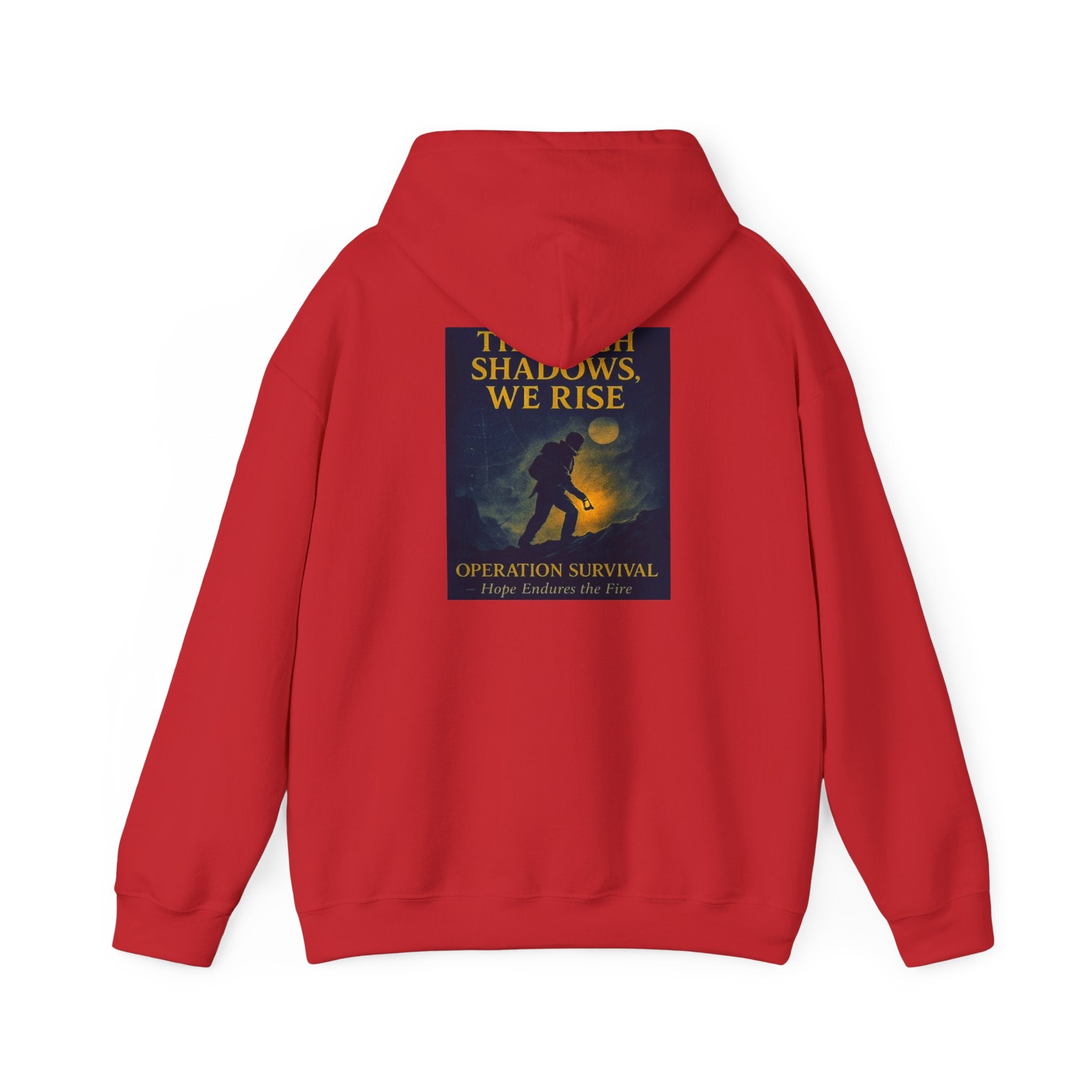 Through Shadows, We Rise – Back-print Cinematic Artwork Operation Survival Hoodie  | Gildan Heavy Blend™ 18500 — Inspirational and Motivational Apparel, Gift for Dreamers, Creative Expression Wear