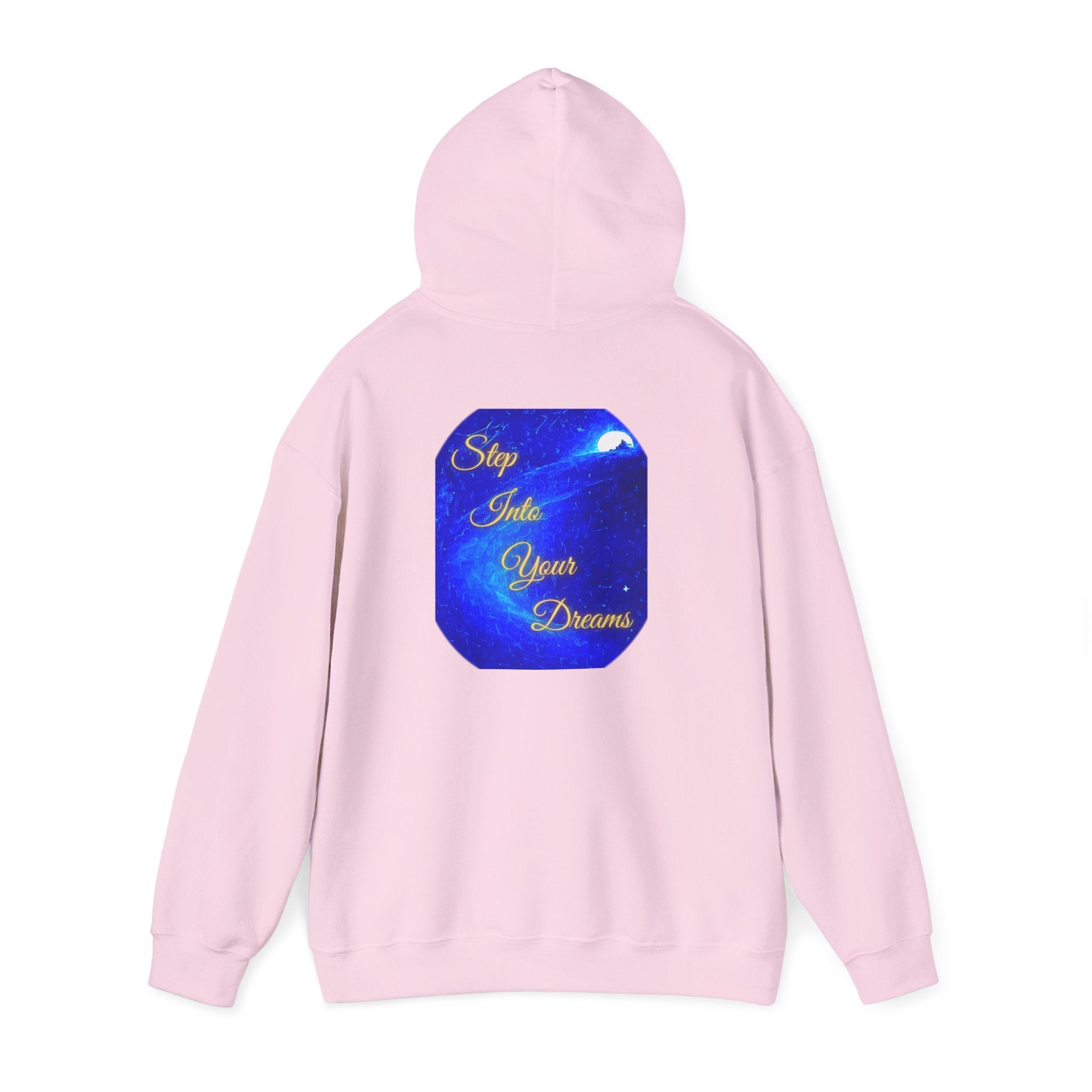 Step Into Your Dreams – Cosmic Gateway Back-print Hoodie | Tiny front badge | Gildan Heavy Blend™. Inspirational and Motivational Apparel, Gift for Dreamers, Creative Expression