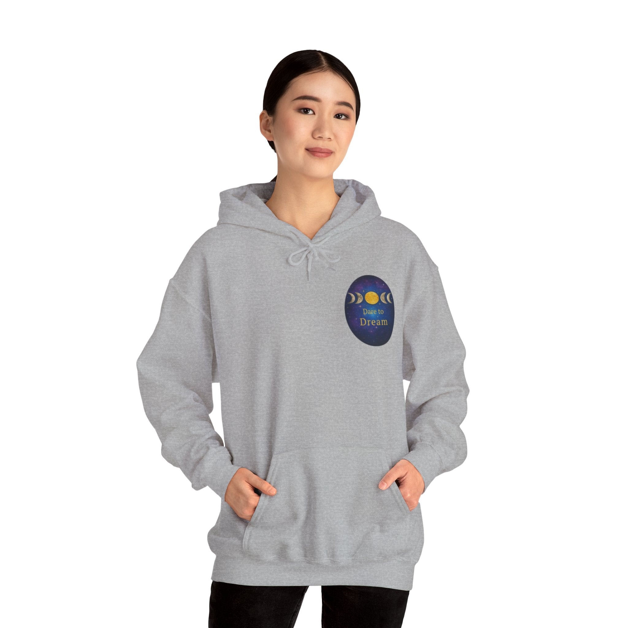 Dare to Dream Moon-Phase Hoodie | Back Glow Print + Front Badge | Heavy Blend™, Inspirational and Motivational Apparel, Gift for Dreamers, Creative Expression Wear