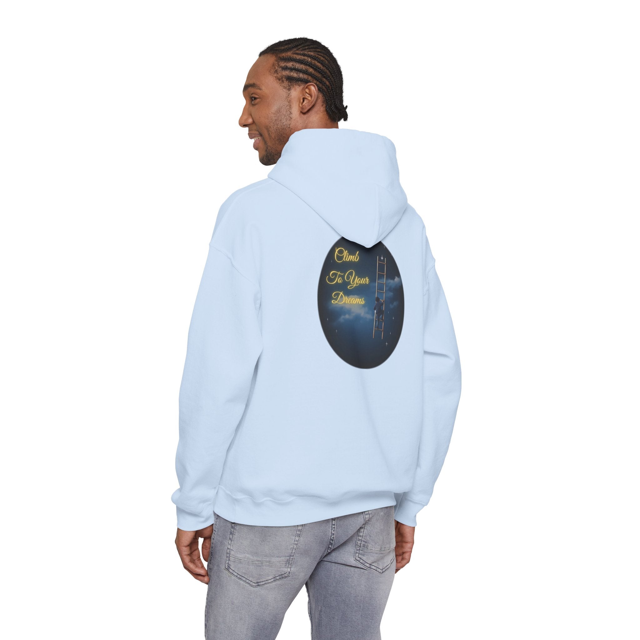 Climb To Your Dreams – Starry Night Ladder-to-Moon Back-Print Hoodie + Front Badge | Gildan 18500, Inspirational and Motivational Apparel, Gift for Dreamers, Creative Expression Wear
