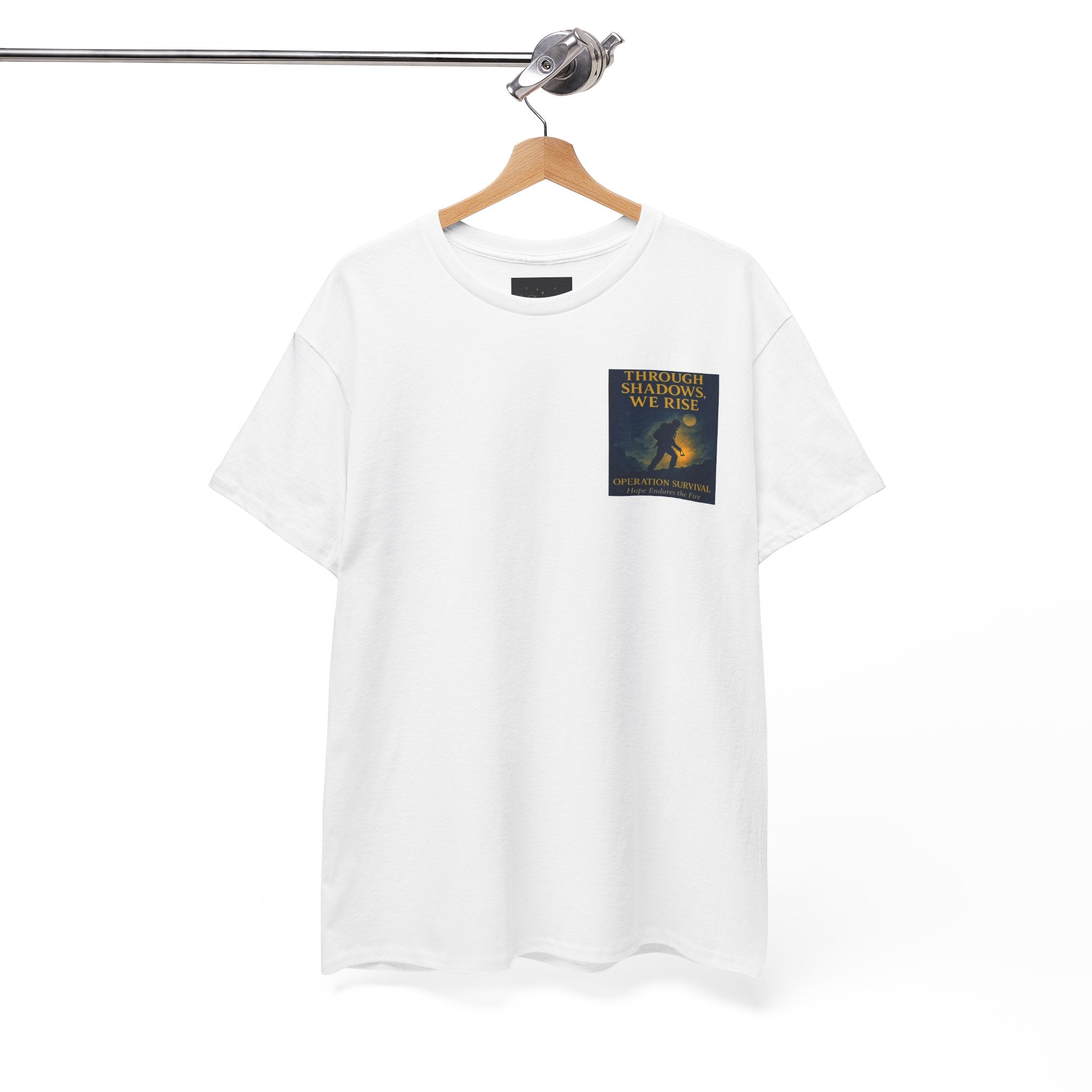 Through Shadows, We Rise - Back-print Cinematic Artwork Operation Survival Tee. Inspirational and Motivational Apparel, Gift for Dreamers, Creative Expression Wear