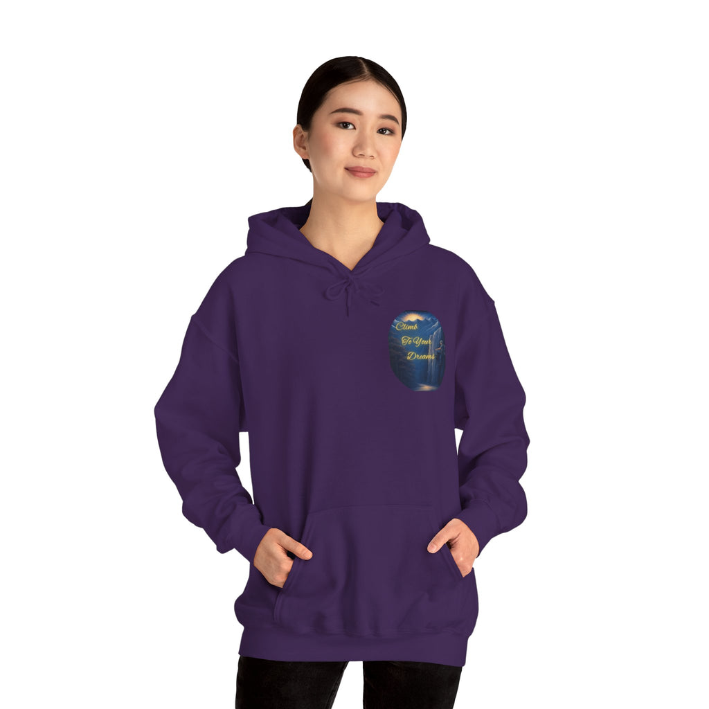 Climb To Your Dreams - Mountain Sunrise Hoodie | Back Glow Print + Front Badge | Heavy Blend™, Inspirational and Motivational Apparel, Gift for Dreamers, Creative Expression Wear