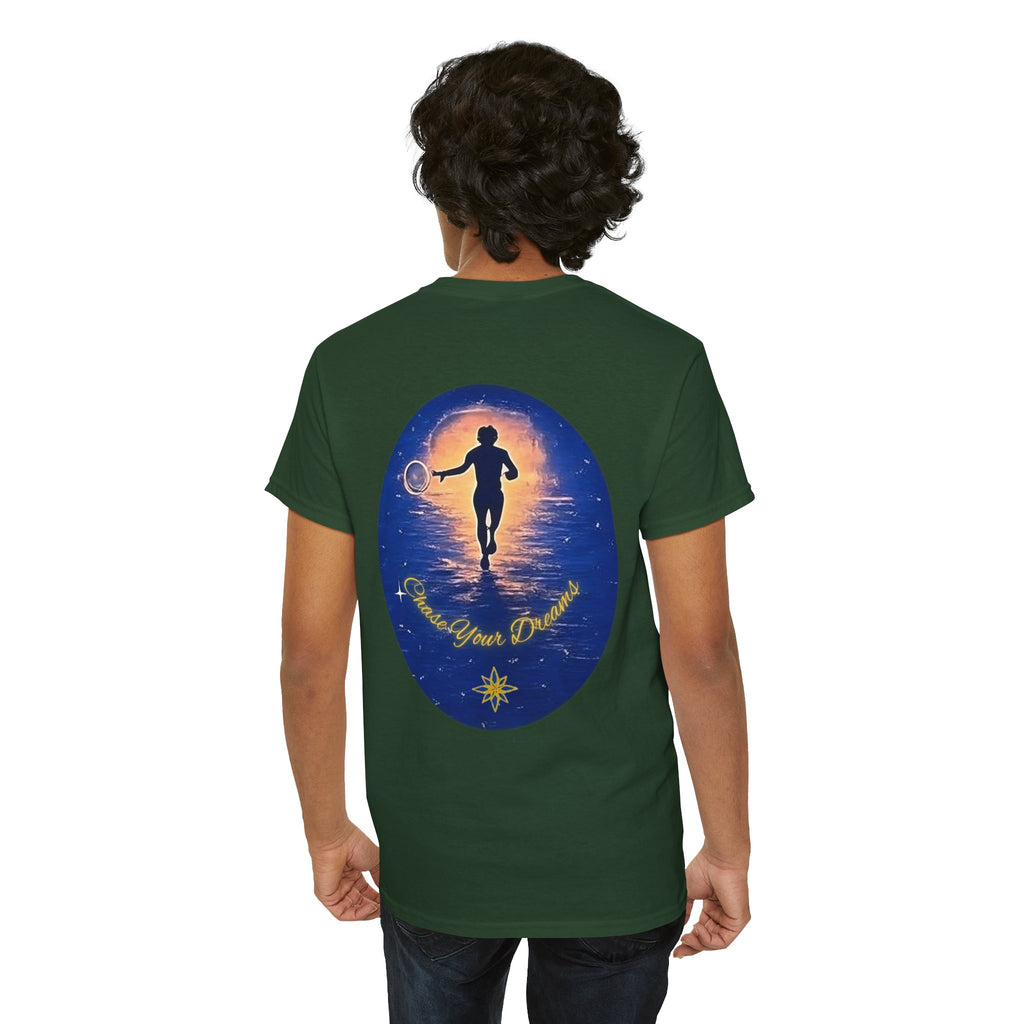 Chase Your Dreams – Sunrise Silhouette Back Printed Heavy Cotton Tee, Inspirational and Motivational Apparel, Gift for Dreamers, Creative Expression Wear