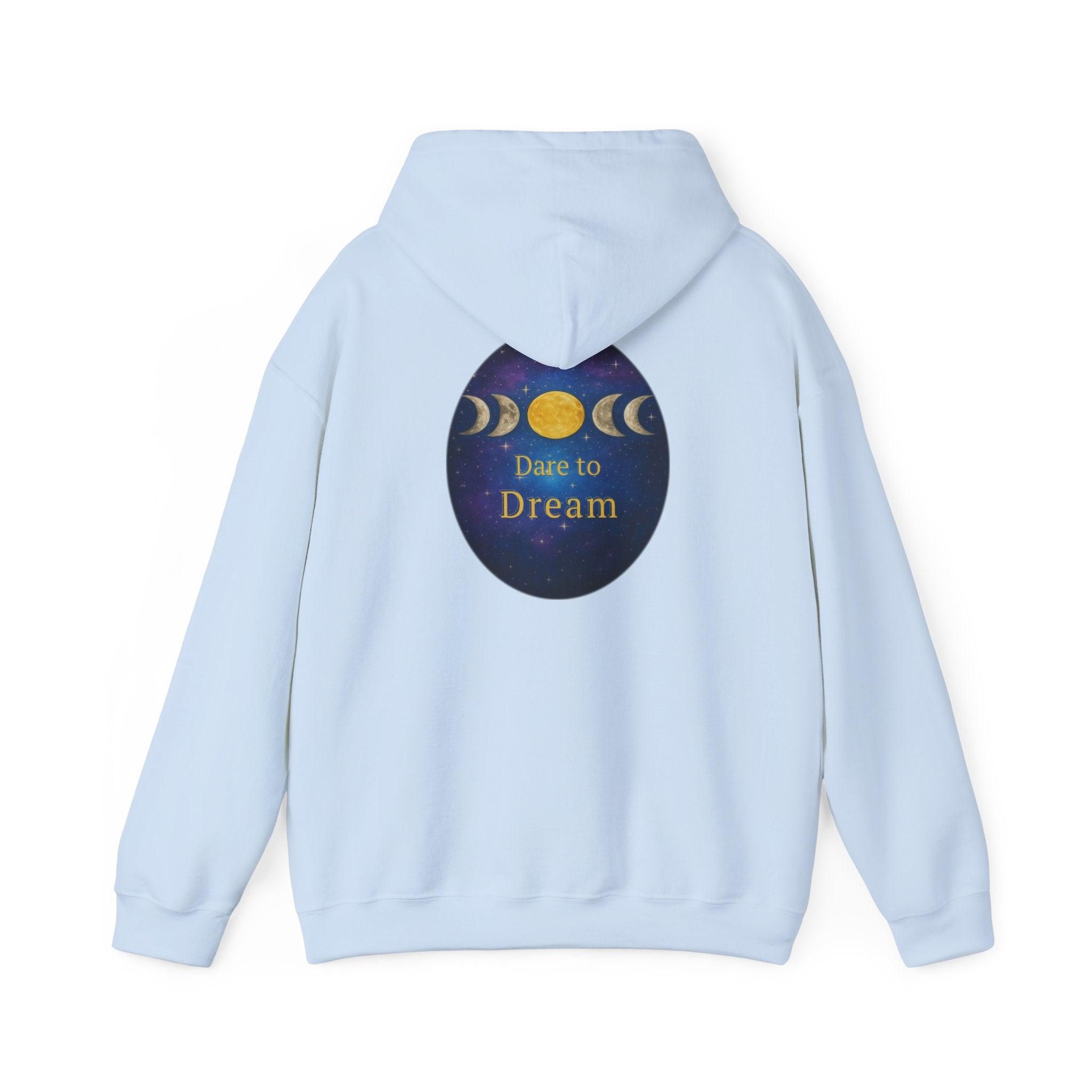 Dare to Dream Moon-Phase Hoodie | Back Glow Print + Front Badge | Heavy Blend™, Inspirational and Motivational Apparel, Gift for Dreamers, Creative Expression Wear