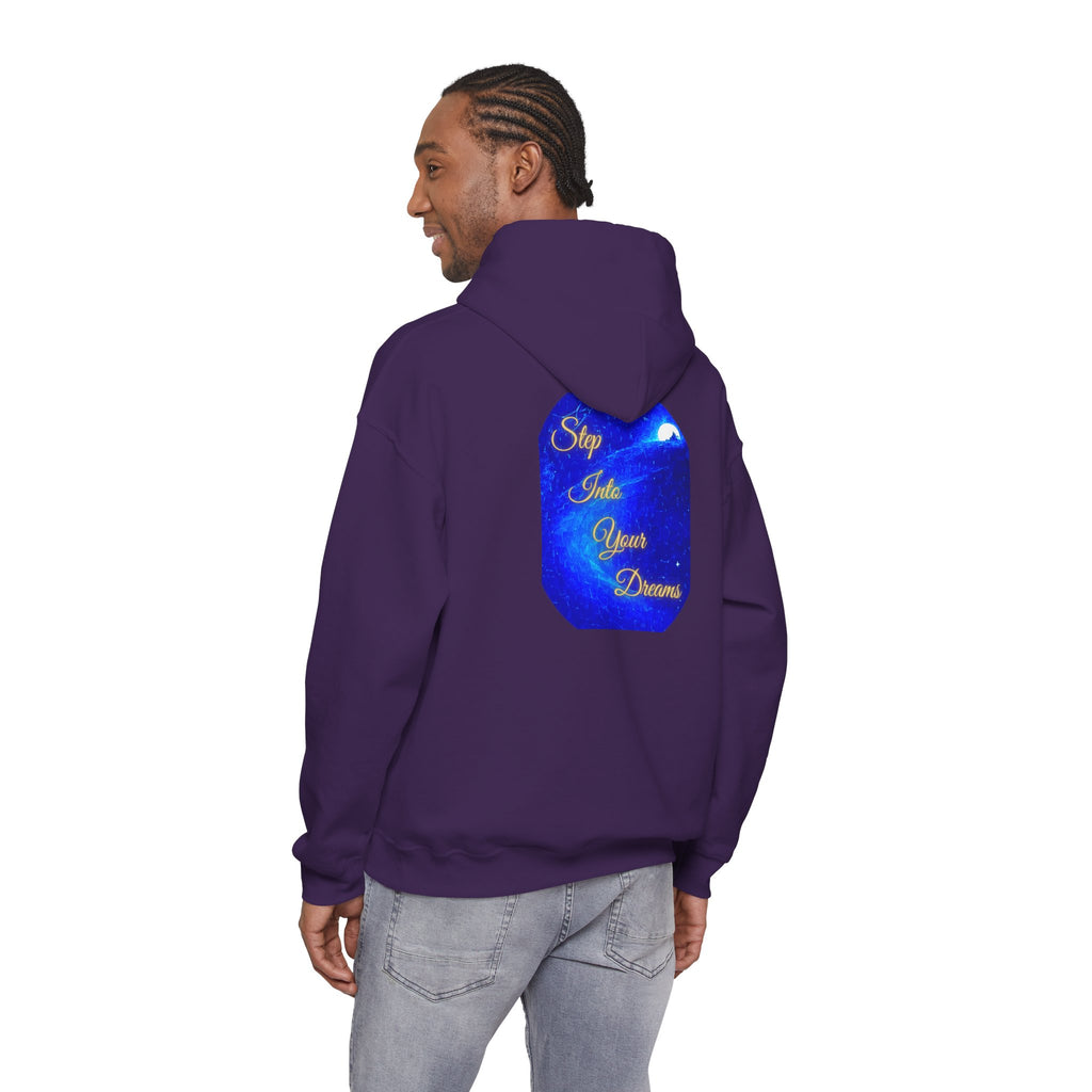 Step Into Your Dreams – Cosmic Gateway Back-print Hoodie | Tiny front badge | Gildan Heavy Blend™. Inspirational and Motivational Apparel, Gift for Dreamers, Creative Expression