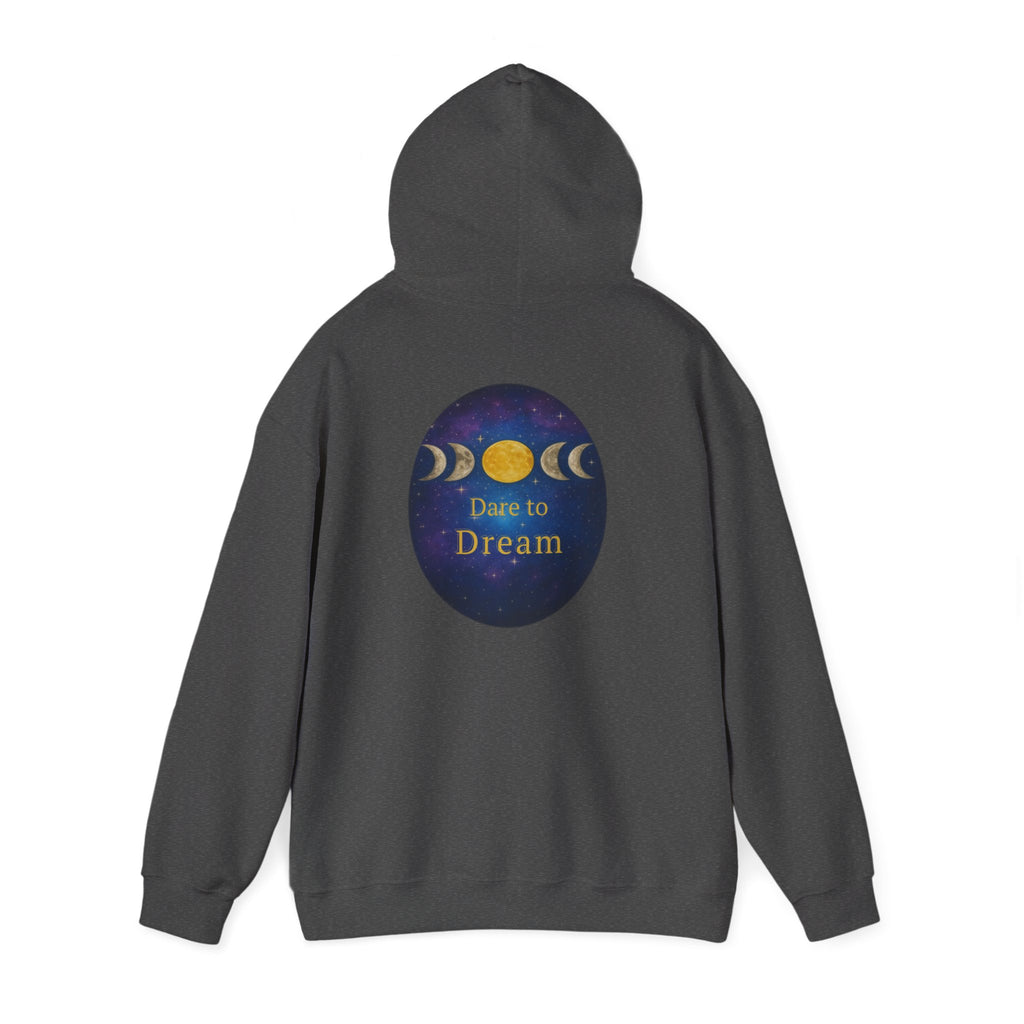 Dare to Dream Moon-Phase Hoodie | Back Glow Print + Front Badge | Heavy Blend™, Inspirational and Motivational Apparel, Gift for Dreamers, Creative Expression Wear