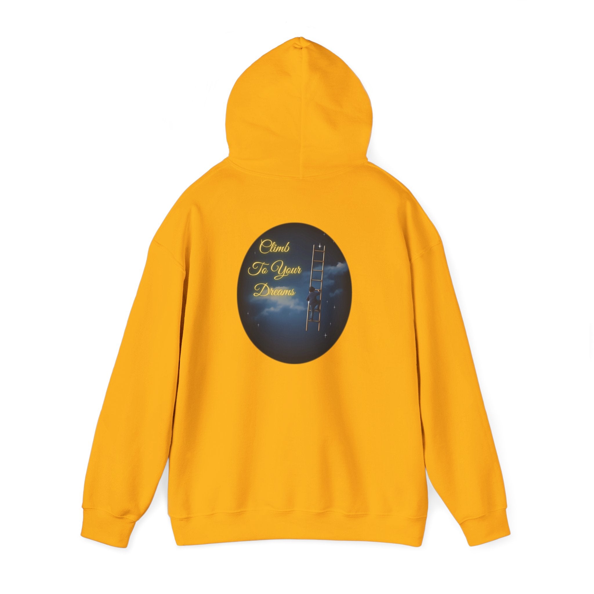 Climb To Your Dreams – Starry Night Ladder-to-Moon Back-Print Hoodie + Front Badge | Gildan 18500, Inspirational and Motivational Apparel, Gift for Dreamers, Creative Expression Wear