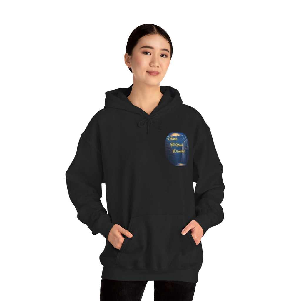 Climb To Your Dreams - Mountain Sunrise Hoodie | Back Glow Print + Front Badge | Heavy Blend™, Inspirational and Motivational Apparel, Gift for Dreamers, Creative Expression Wear