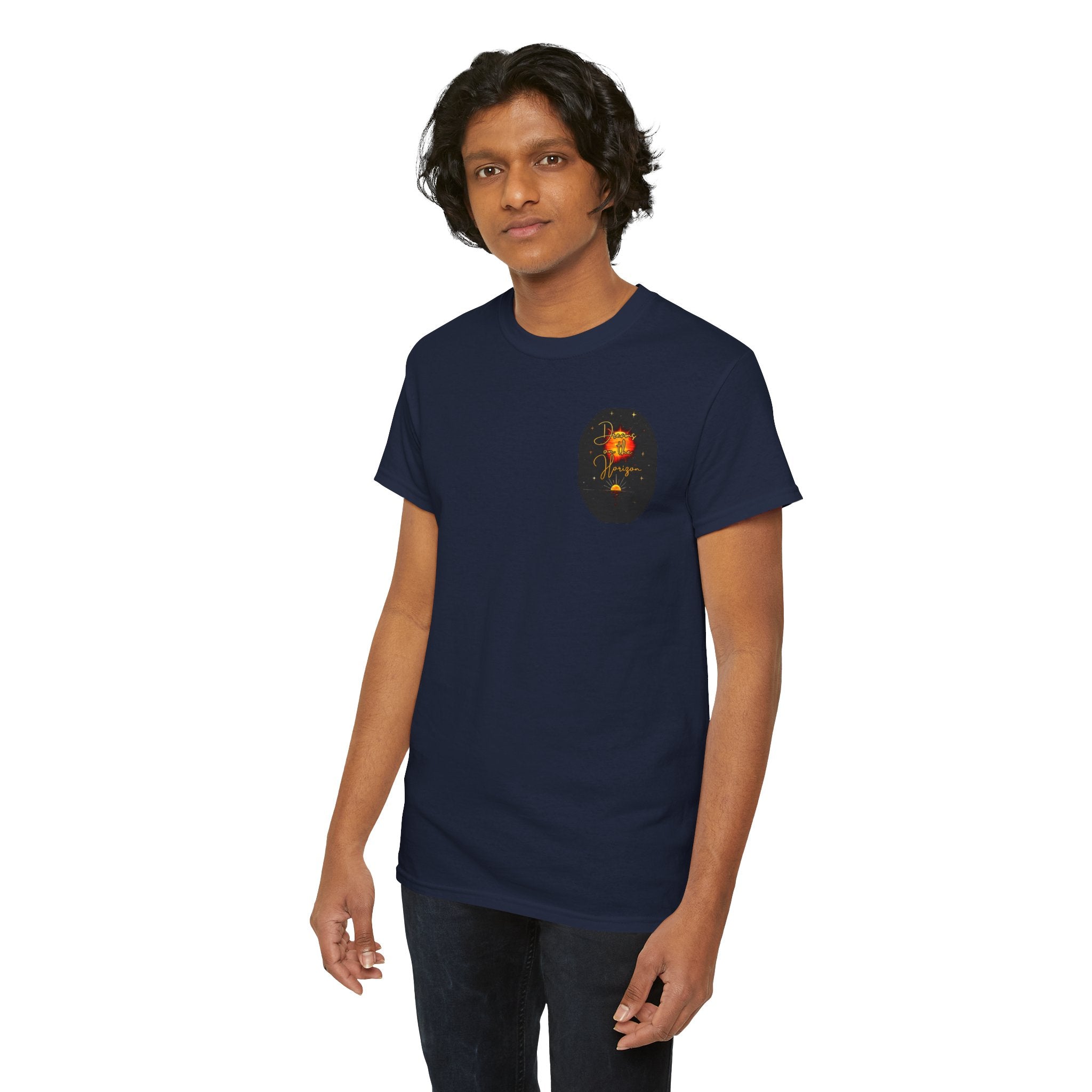 Dreams on the Horizon – Sunrise Back-Print Heavy Cotton Tee, Inspirational and Motivational Apparel, Gift for Dreamers, Creative Expression Wear