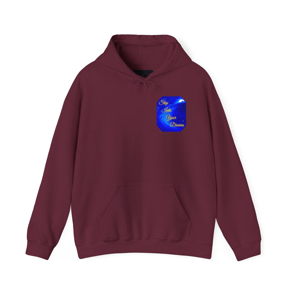 Step Into Your Dreams – Cosmic Gateway Back-print Hoodie | Tiny front badge | Gildan Heavy Blend™. Inspirational and Motivational Apparel, Gift for Dreamers, Creative Expression