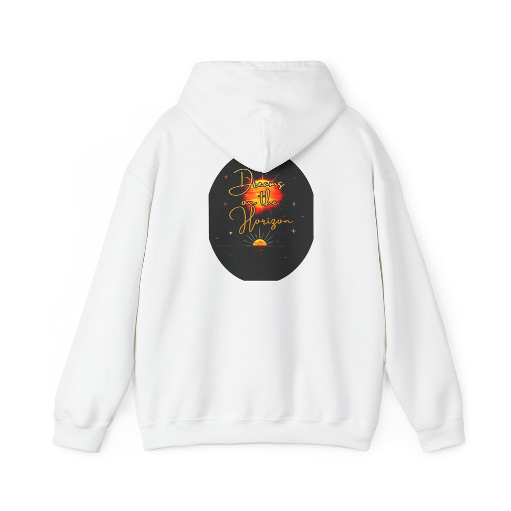 Dreams on the Horizon Sunrise Back Print Hooded Sweatshirt, Inspirational and Motivational Apparel, Gift for Dreamers, Creative Expression Wear