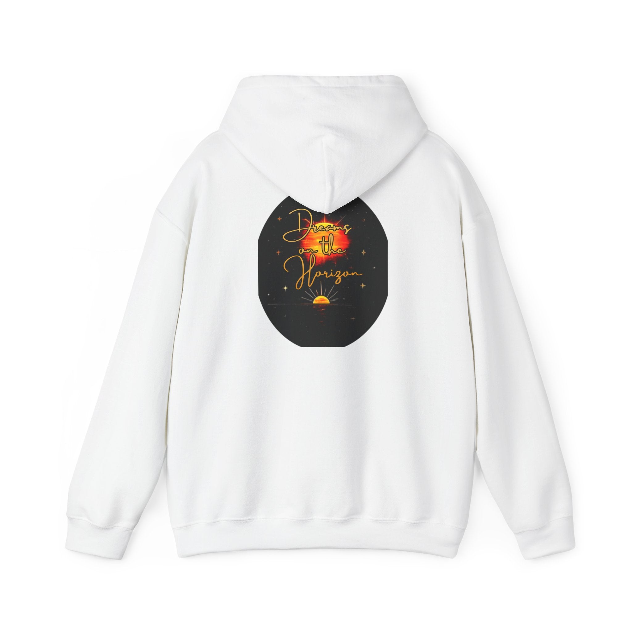 Dreams on the Horizon Sunrise Back Print Hooded Sweatshirt, Inspirational and Motivational Apparel, Gift for Dreamers, Creative Expression Wear